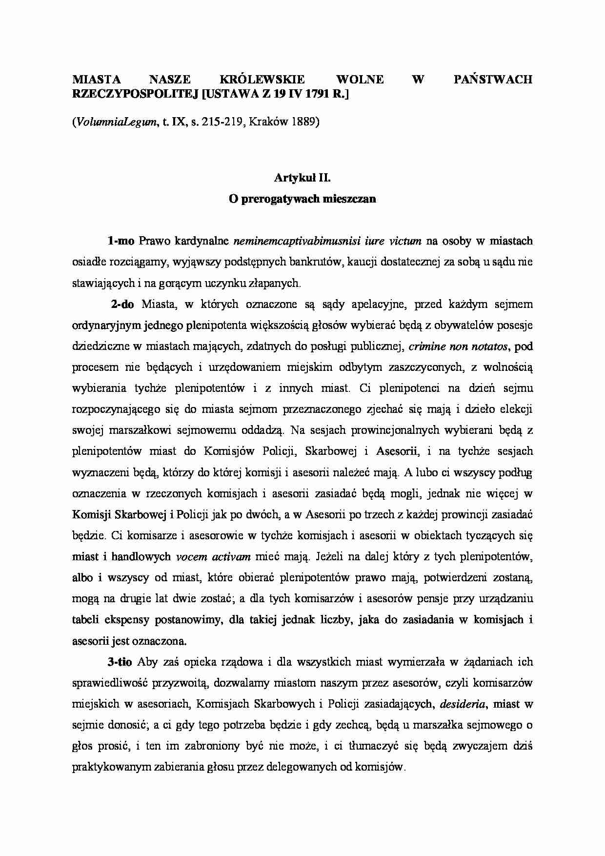Artykuł o prerogatywach mieszczan 19.04.1791 - strona 1