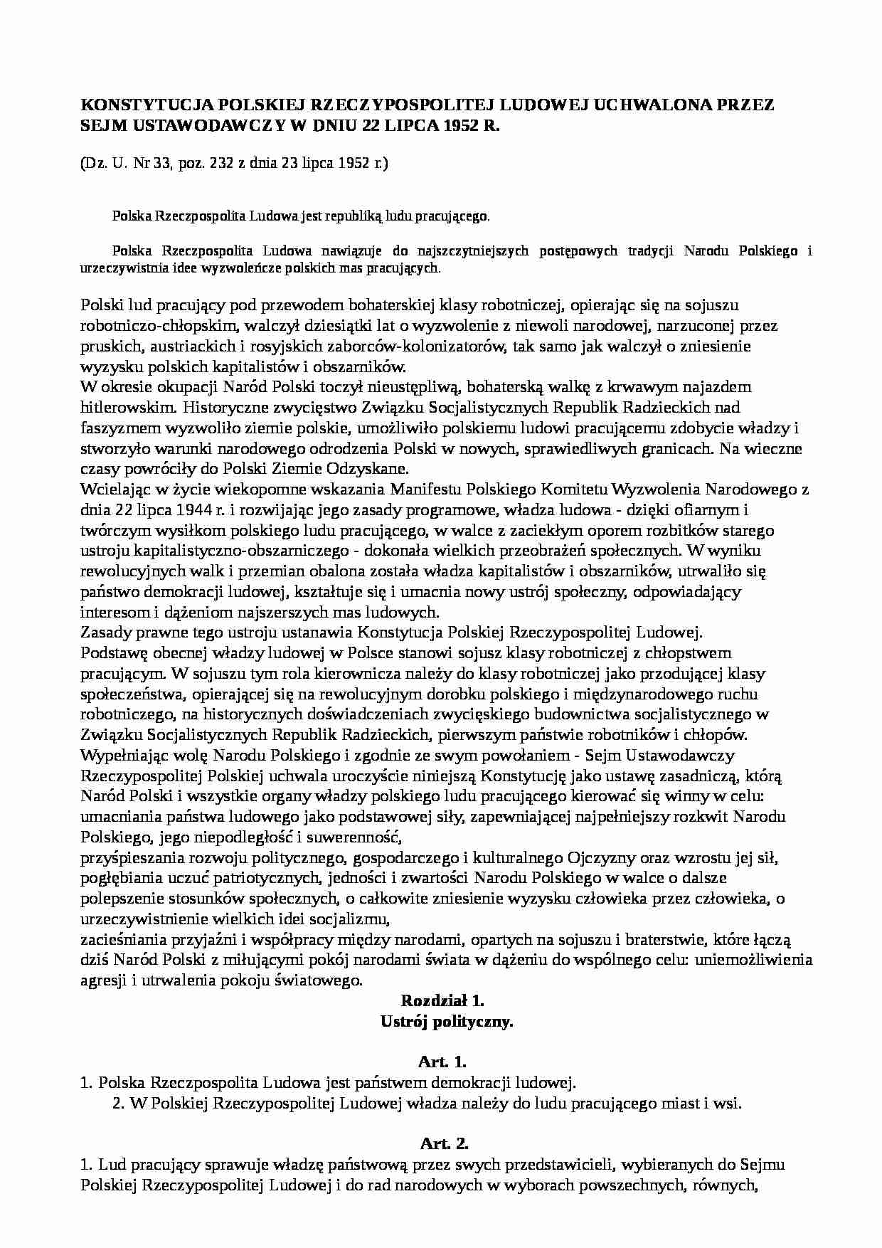 Konstytucja Polskiej Republiki Ludowej 1952  - strona 1