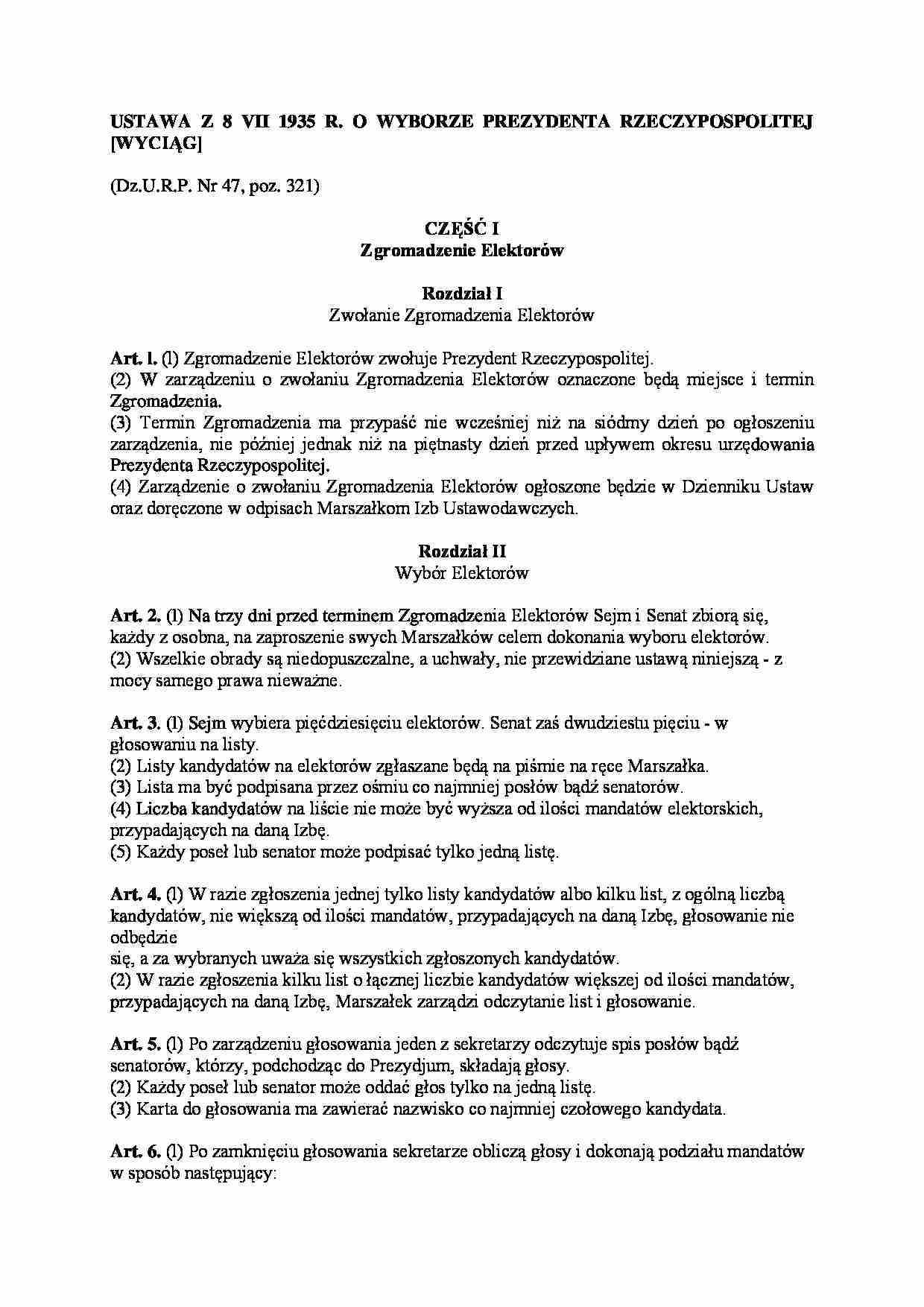 Ustawa 8 VII 1935 Wybory prezydenckie - zgromadzenie elektorów - strona 1