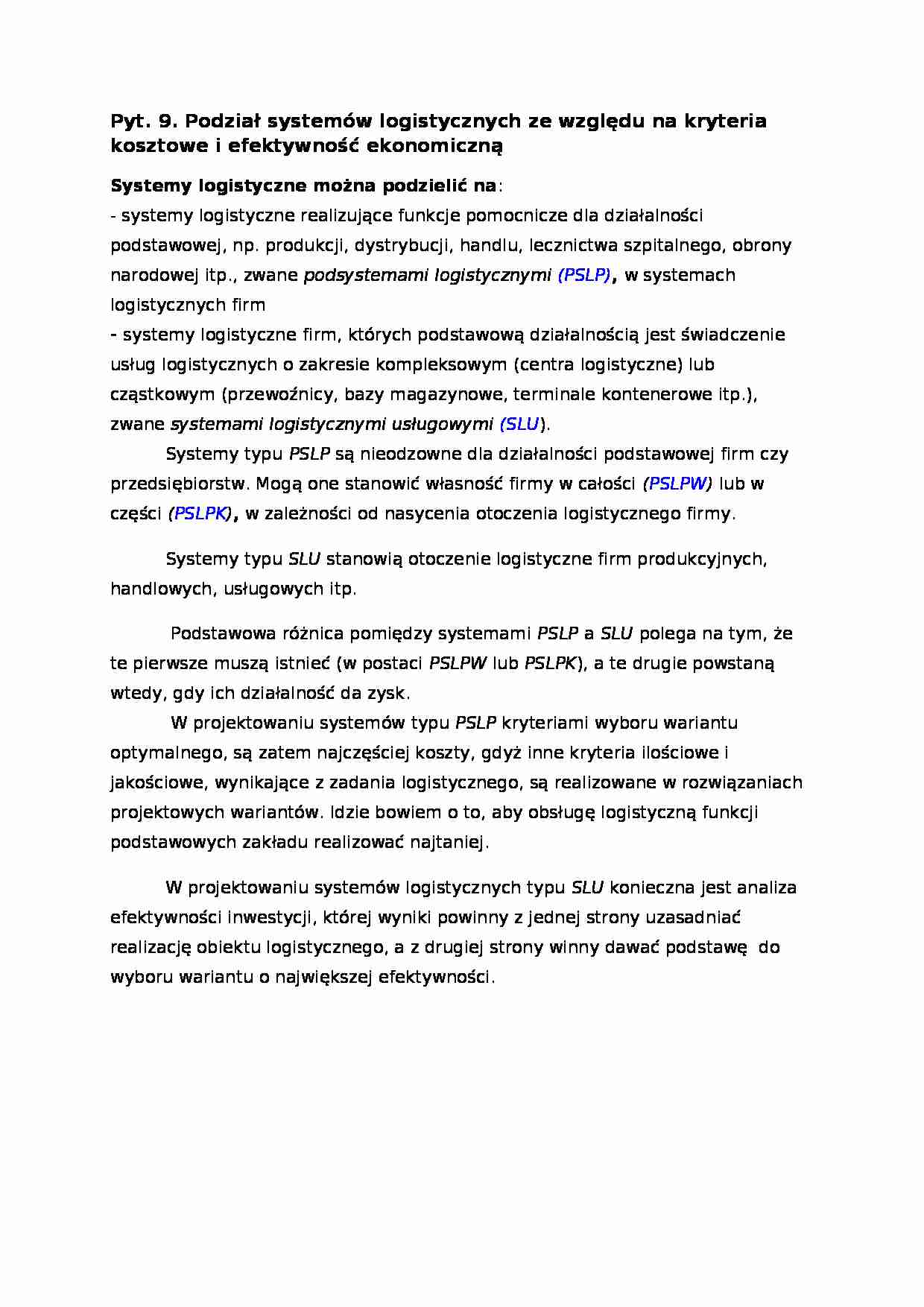 Kształtowanie systemów logistycznych - pyt.9 - strona 1
