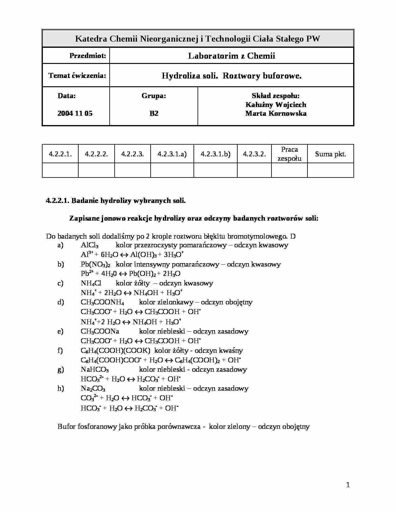 Hydroliza soli. Roztwory buforowe-opracowanie - strona 1