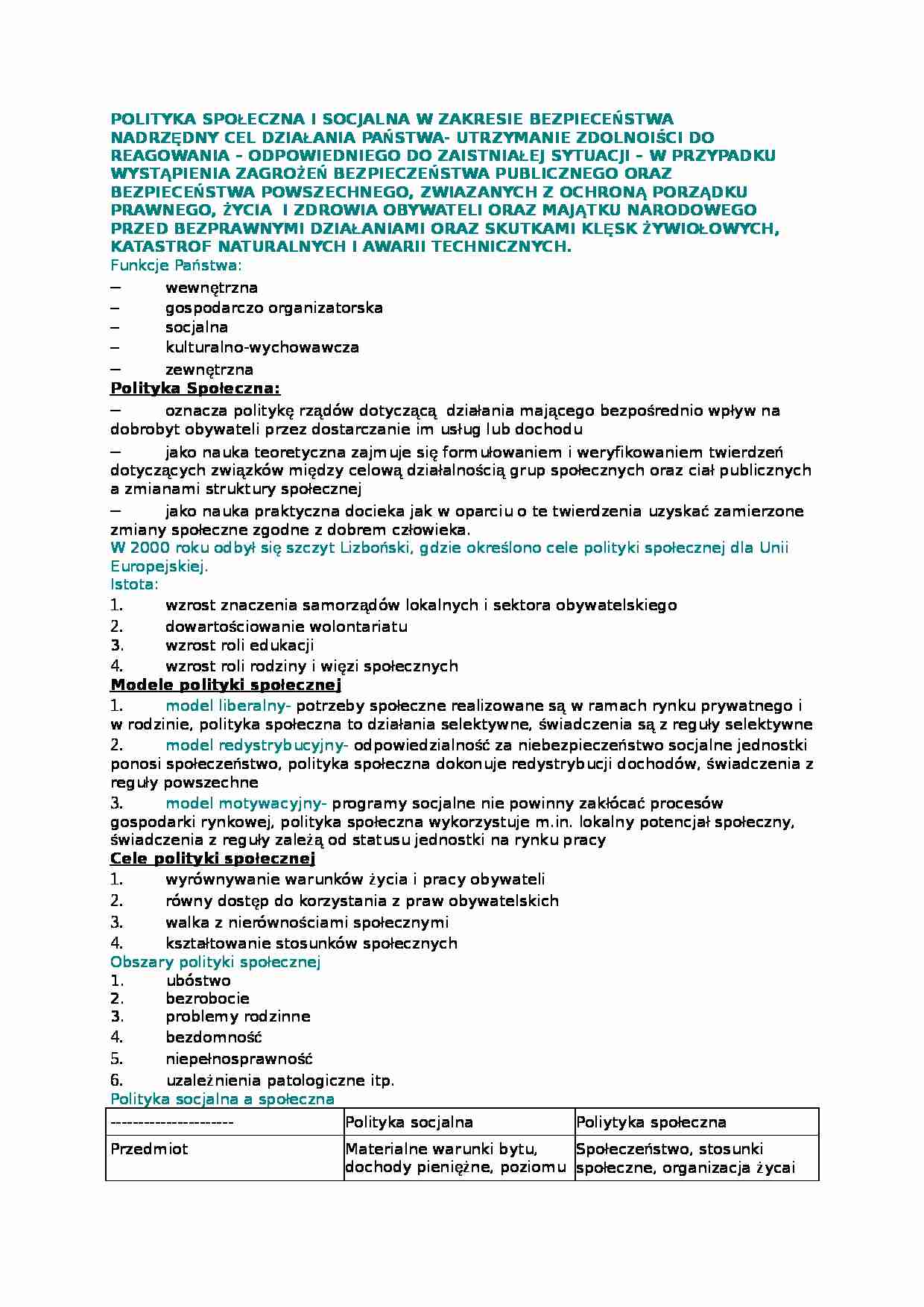 Wykład - Polityka społeczna i socjalna w zakresie bezpieczeństwa - strona 1