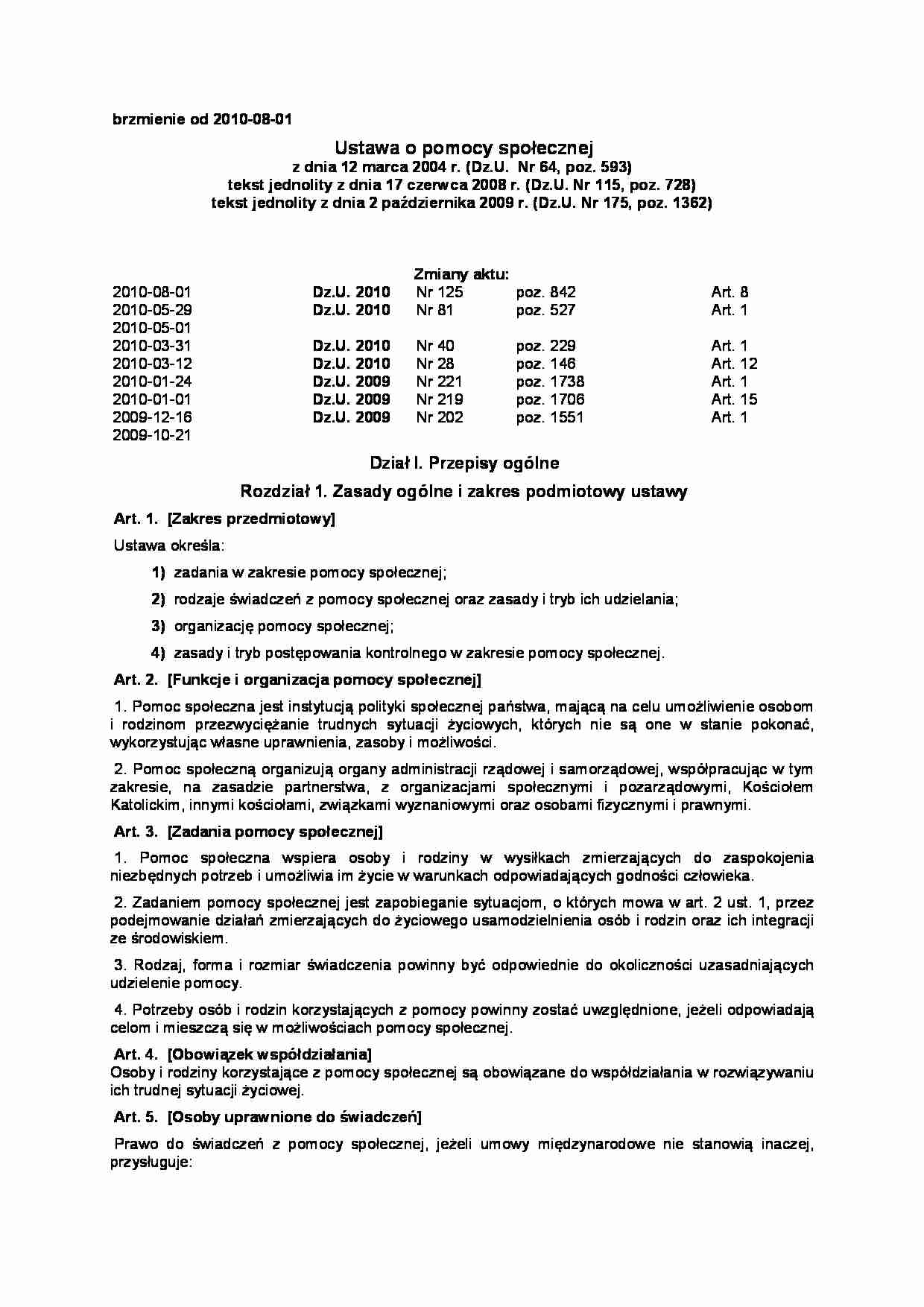 Wykład - ustawa o pomocy społecznej - strona 1