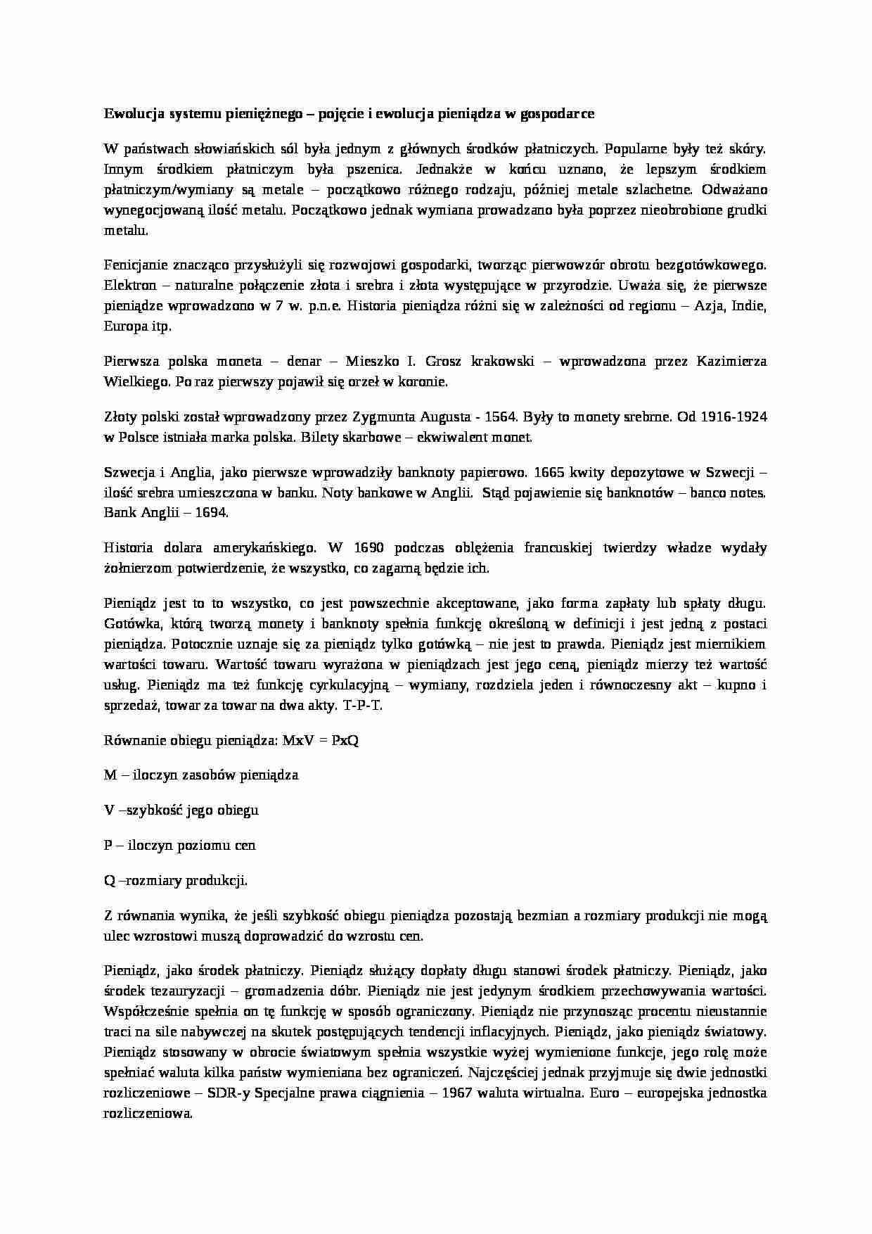 Wykład - Ewolucja systemu pieniężnego - strona 1
