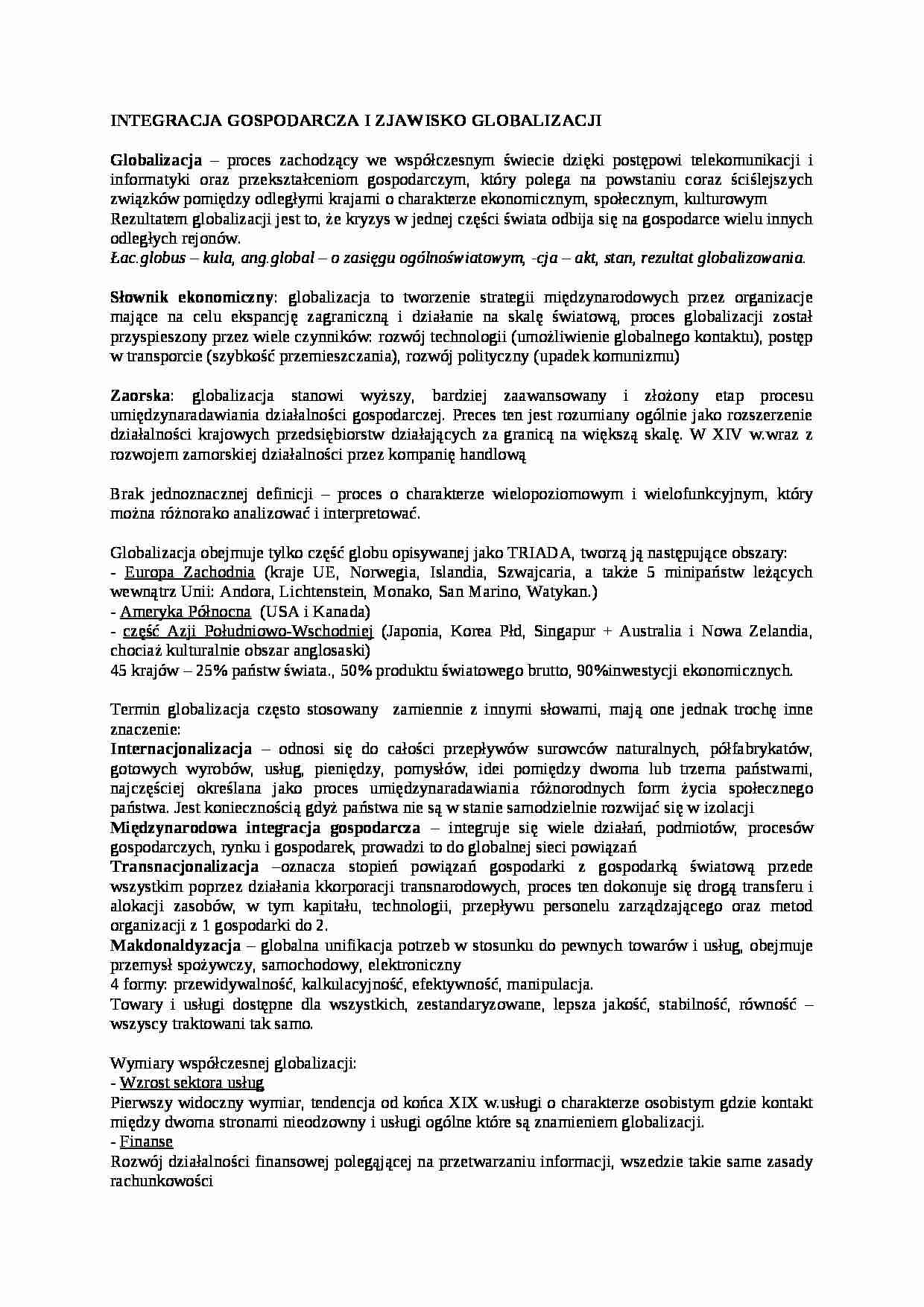 wykład - Integracja gospodarcza i zjawisko globalizacji - strona 1