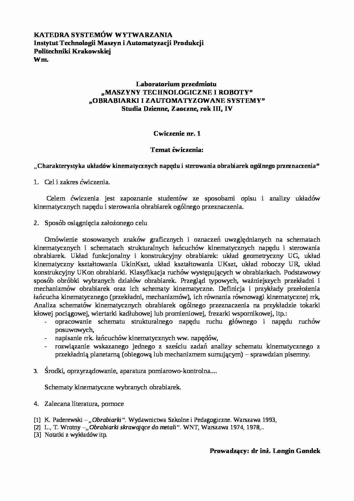 Charakterystyka układów kinematycznych napędu i sterowania obrabiarek ogólnego przeznaczenia druk laborki - strona 1
