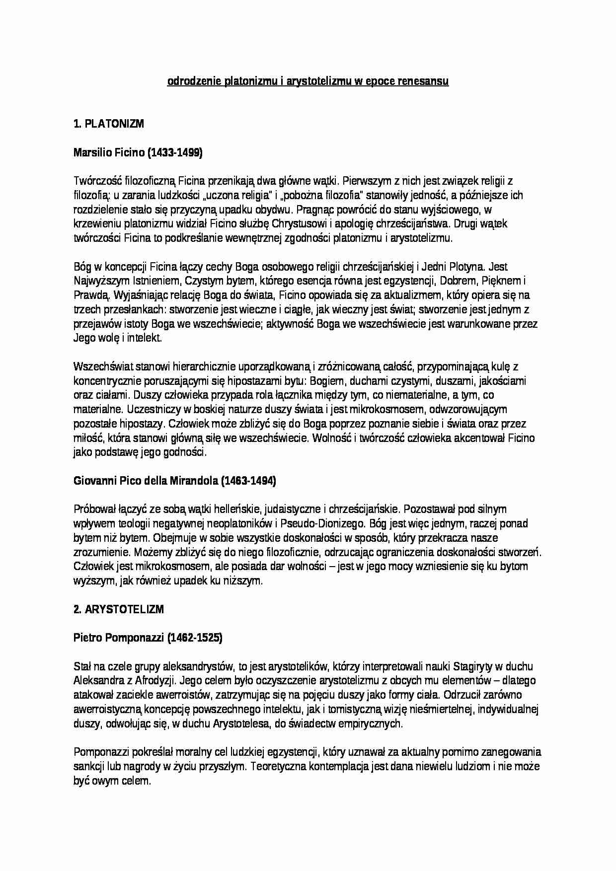 Wykład - odrodzenie platonizmu i arystotelizmu w epoce renesansu - strona 1
