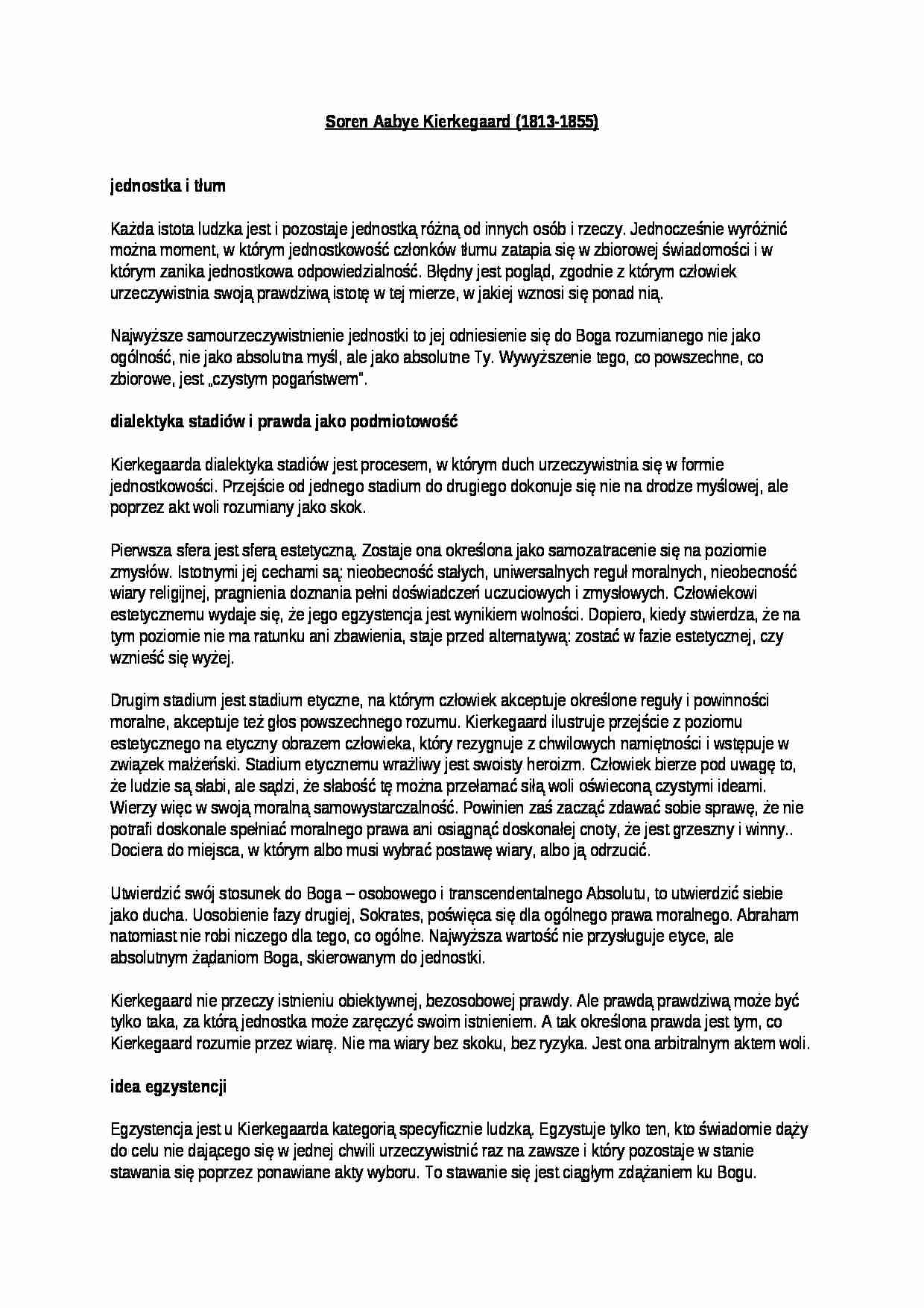 wykład - Soren Aabye Kierkegaard - strona 1