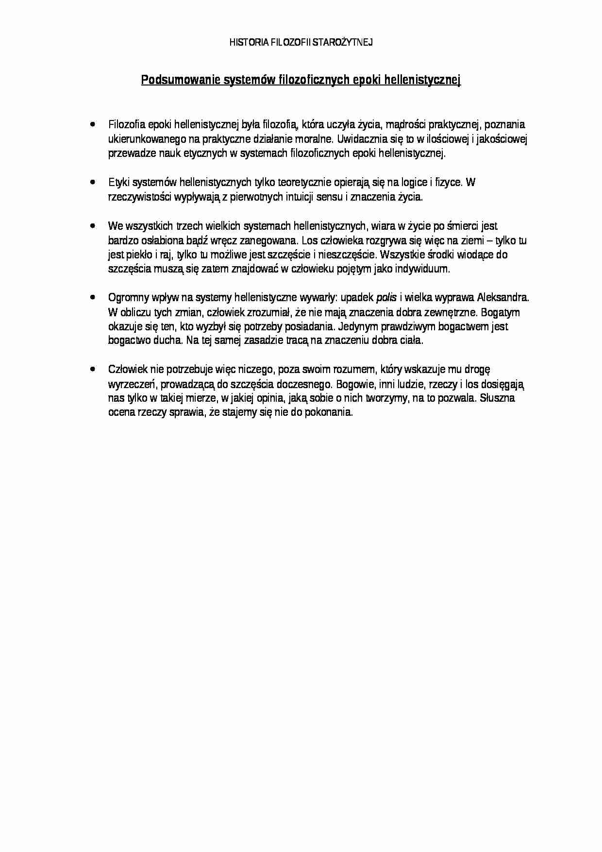 Wykład - Podsumowanie systemów filozoficznych epoki hellenistycznej - strona 1