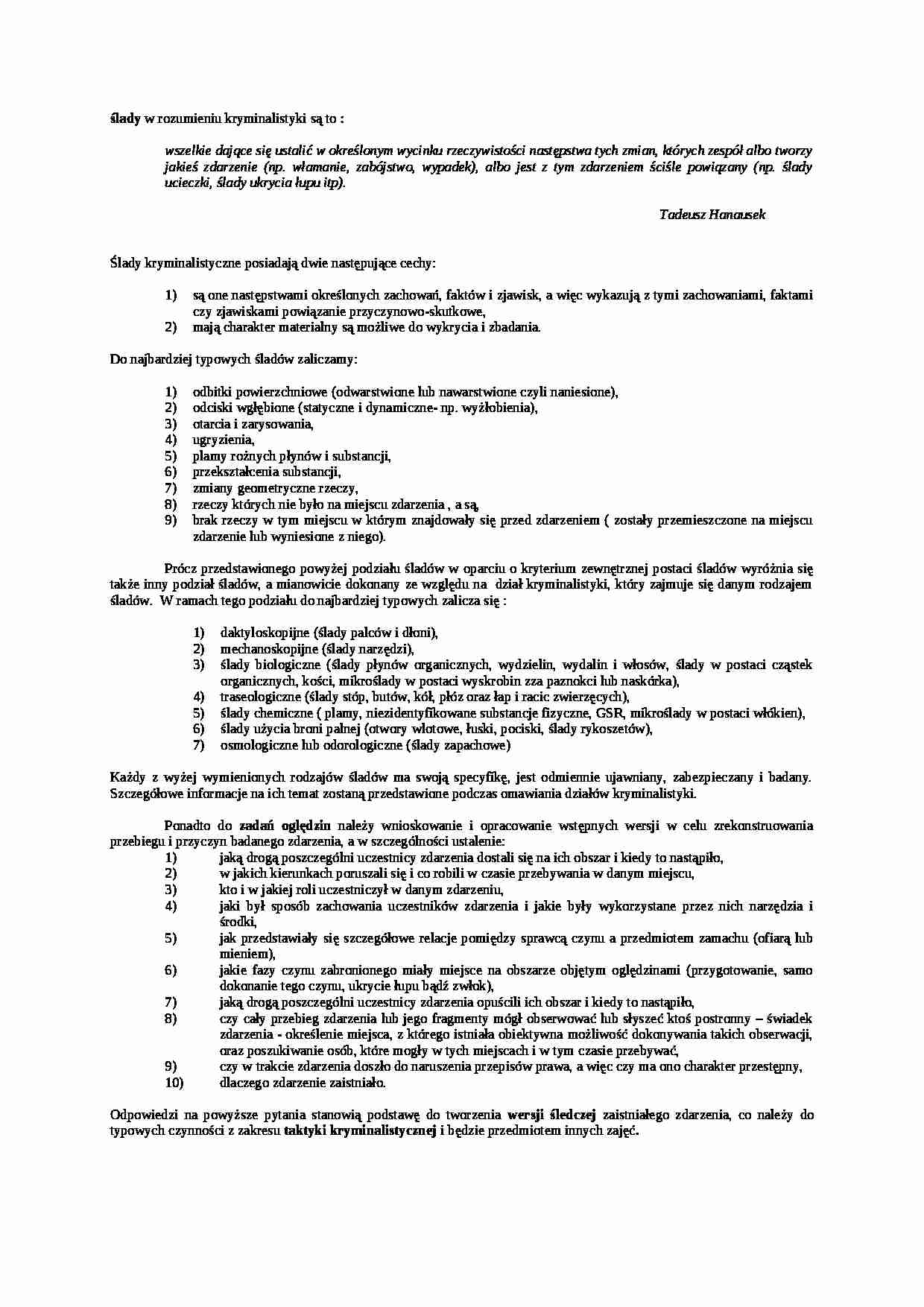 Wykład - ślady w rozumieniu kryminalistyki - strona 1