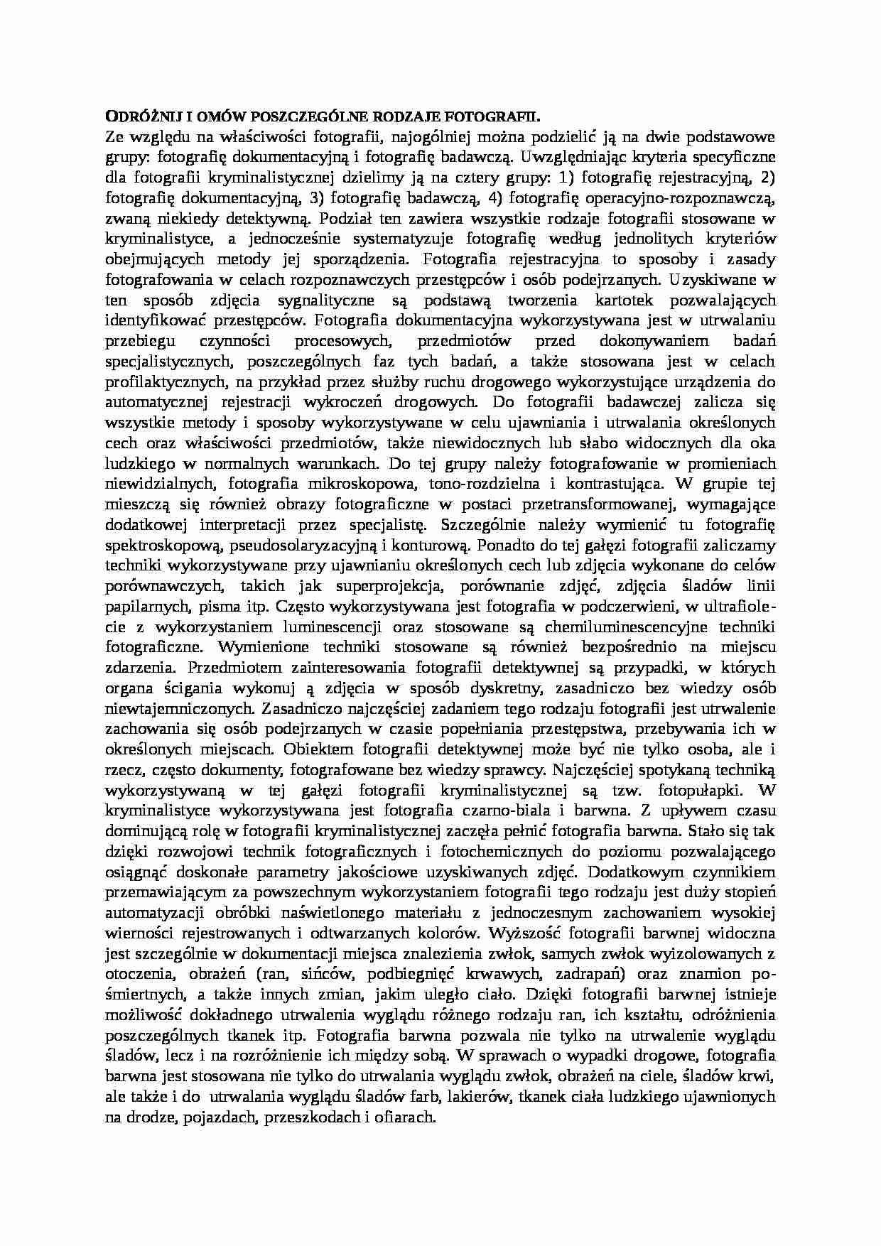 Kryminalistyka - poszczególne rodzaje fotografii - strona 1