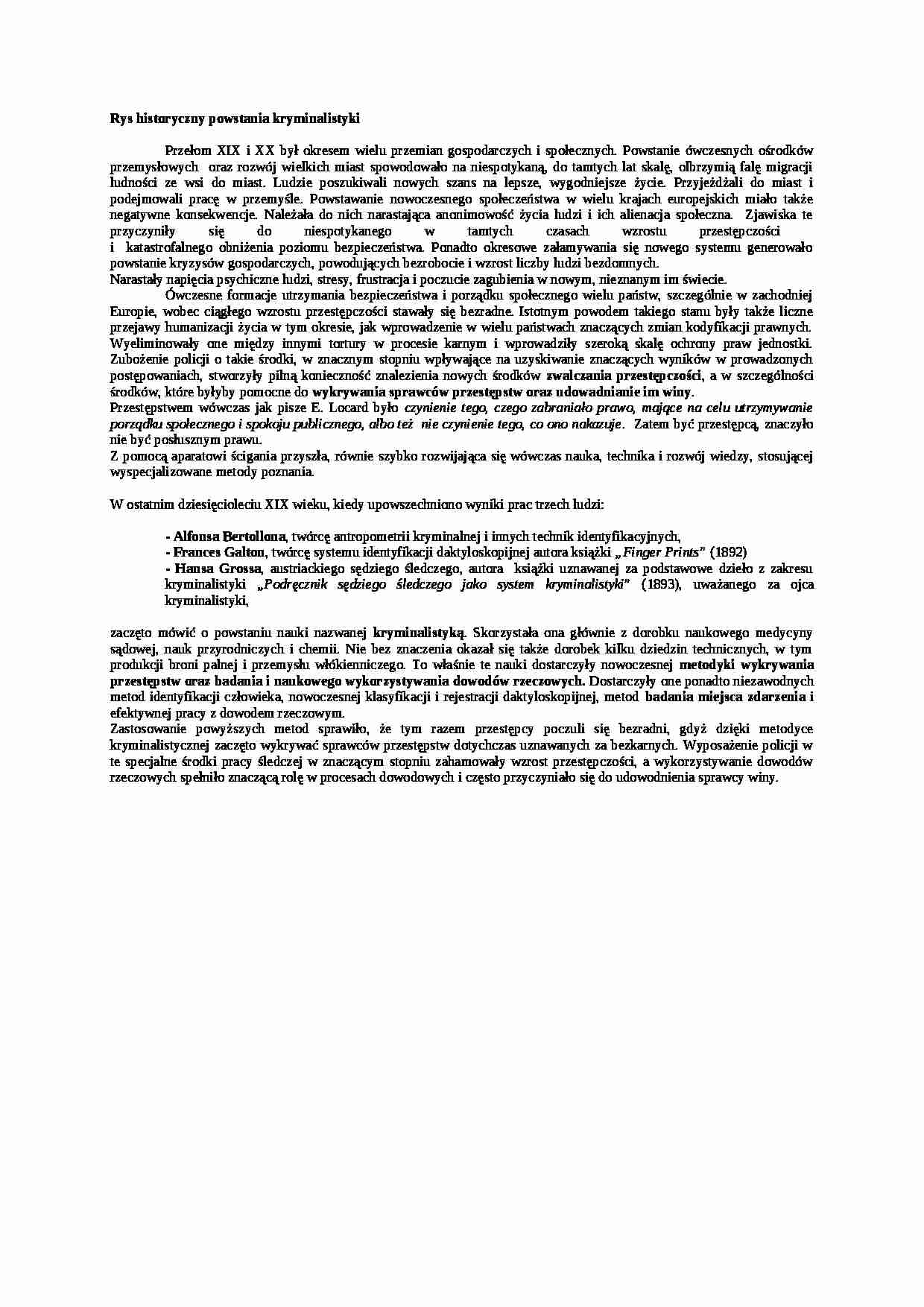 Wykład - Rys historyczny powstania kryminalistyki - strona 1