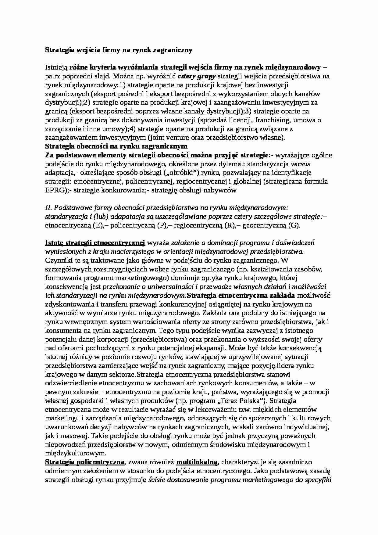 wykład - Strategia wejścia firmy na rynek zagraniczny - strona 1