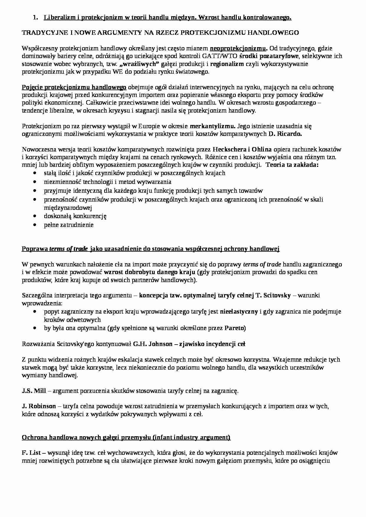 wykład - Liberalizm i protekcjonizm w teorii handlu międzyn - strona 1