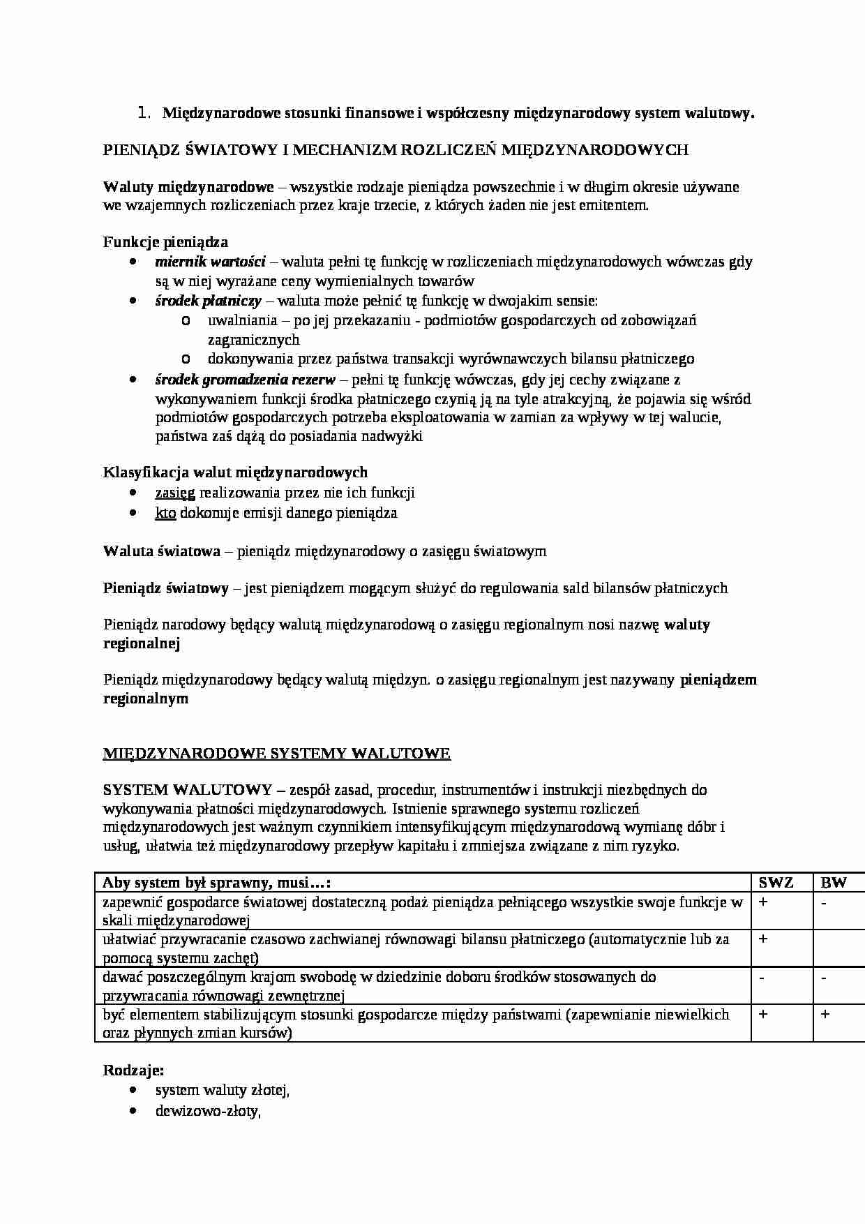 Wykład - Międzynarodowe stosunki finansowe i współczesny międzynarodowy system walutowy - strona 1