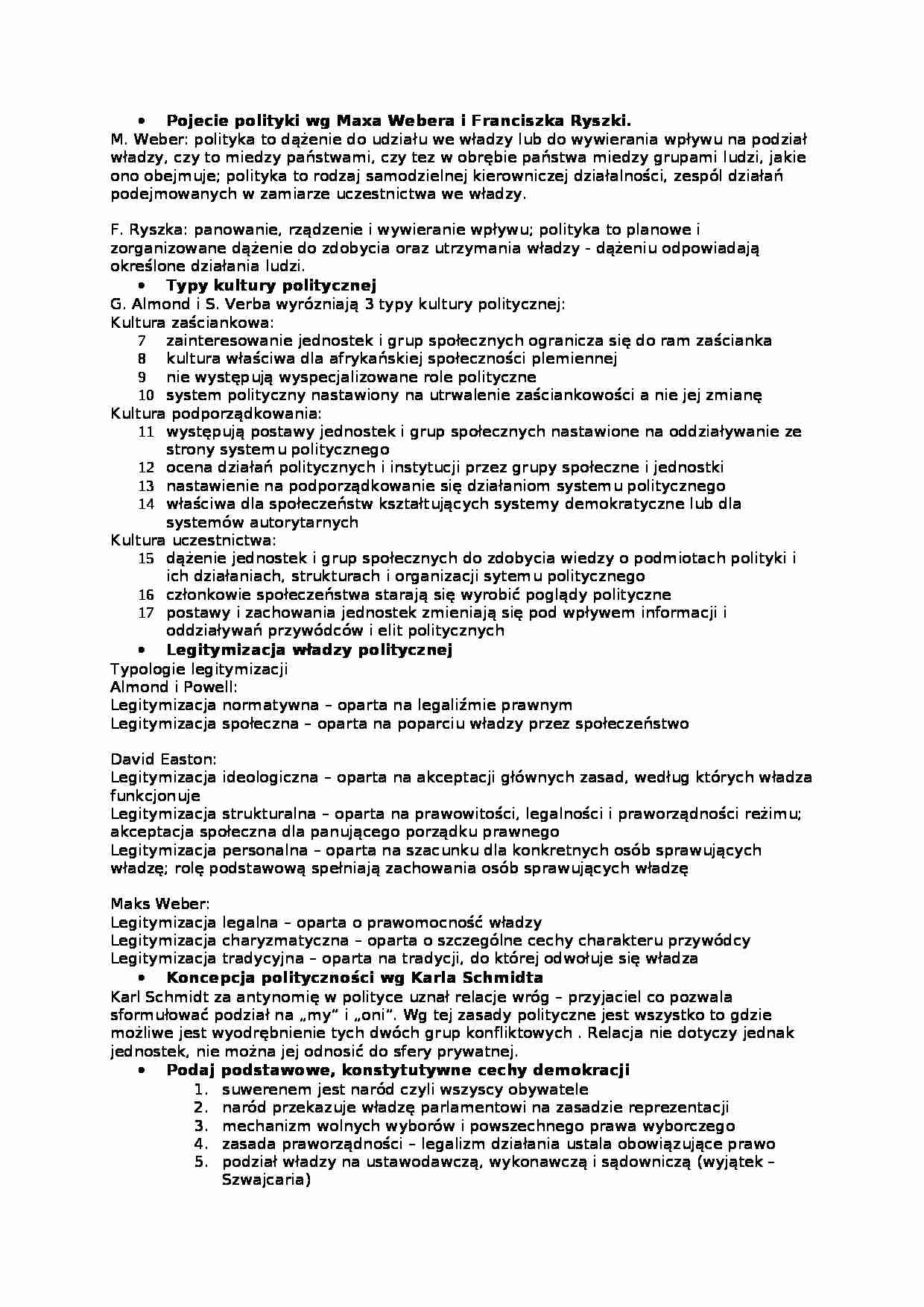 Wykład - Pojęcie polityki według Maxa Webera i Franciszka Ryszki - strona 1
