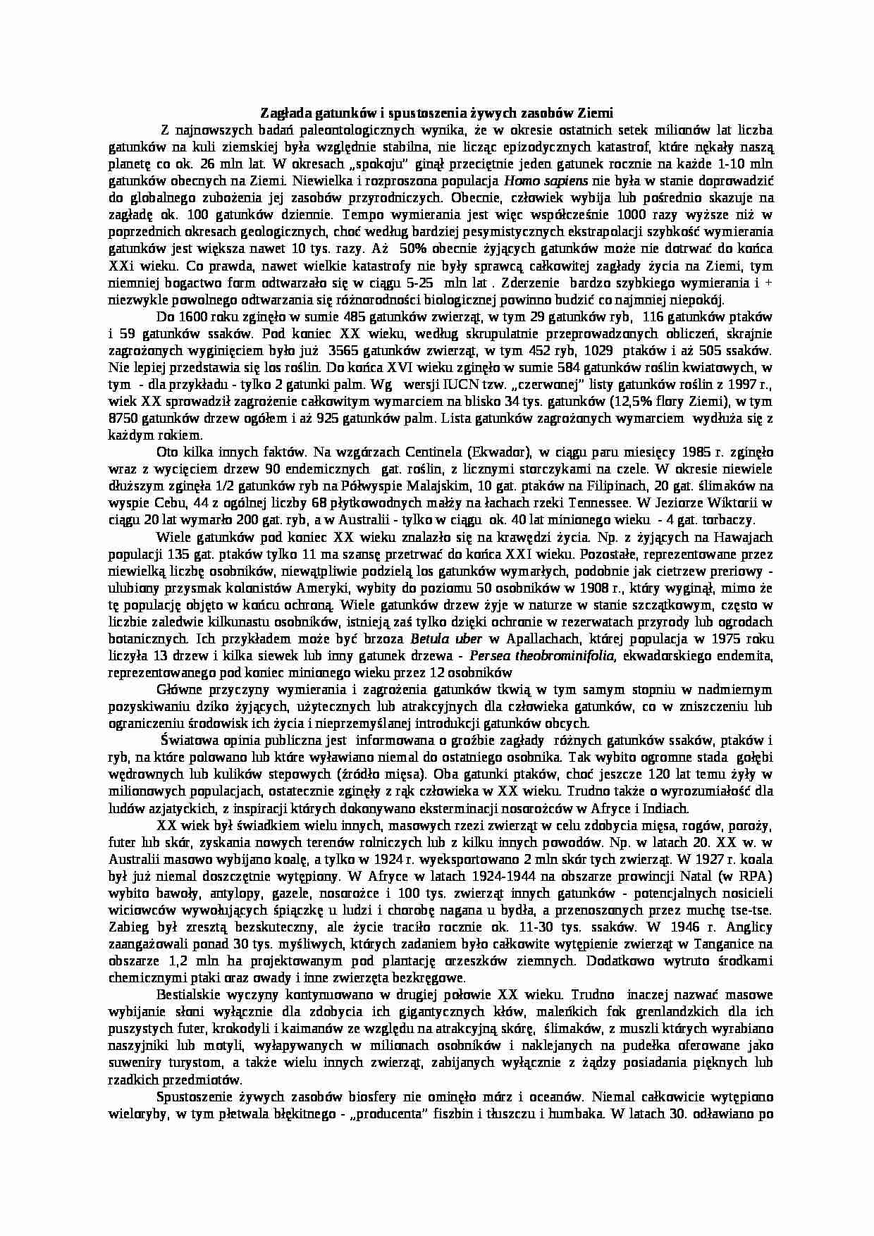 Wykład - Zagłada gatunków i spustoszenia żywych zasobów Ziemi - strona 1