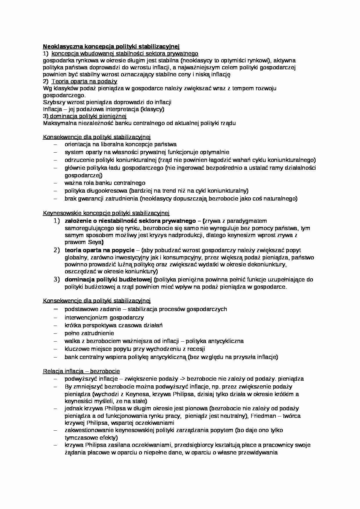 Wykład - Neoklasyczna koncepcja polityki stabilizacyjnej - strona 1