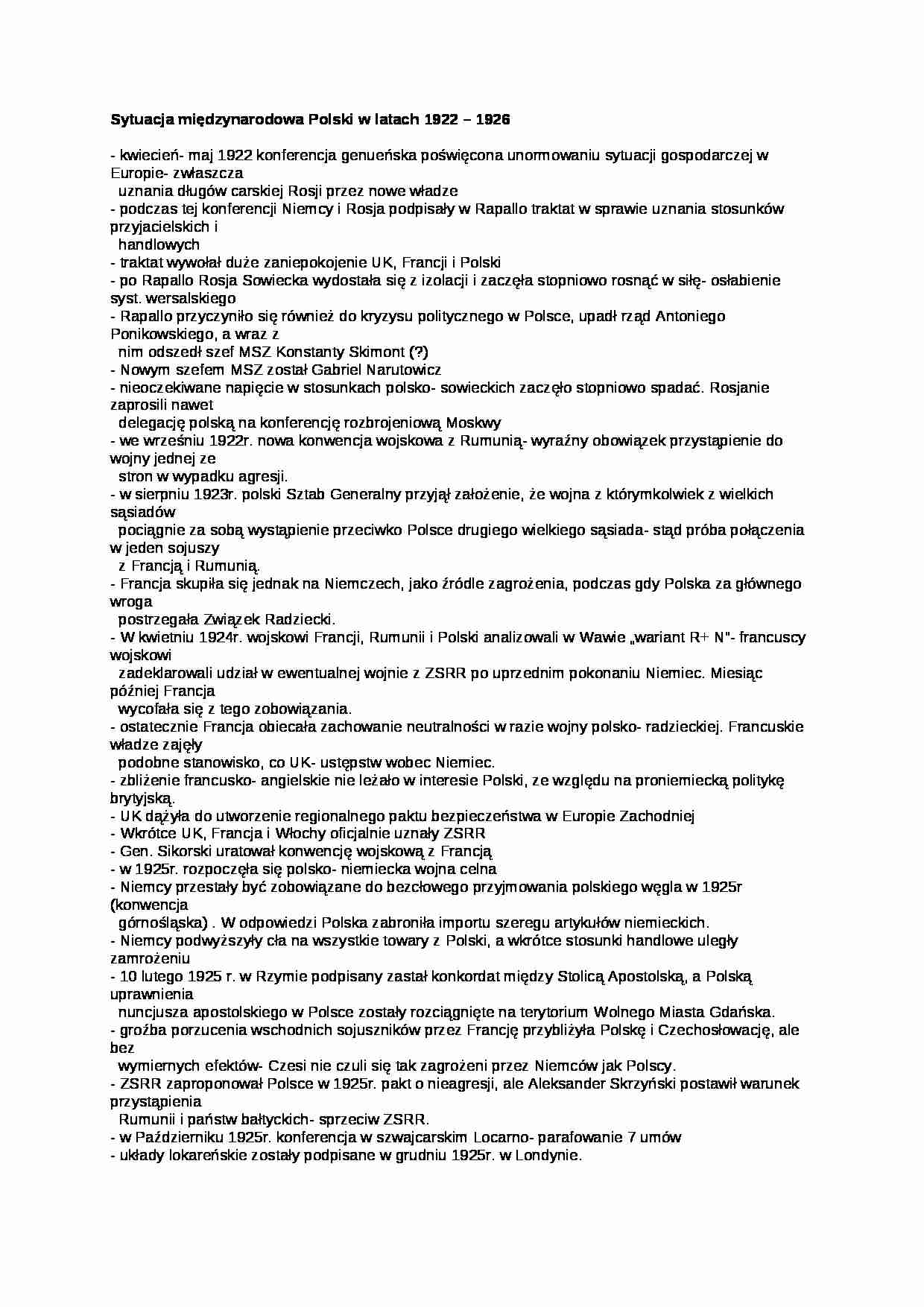 Wykład - Sytuacja międzynarodowa Polski w latach 1922-26 - strona 1