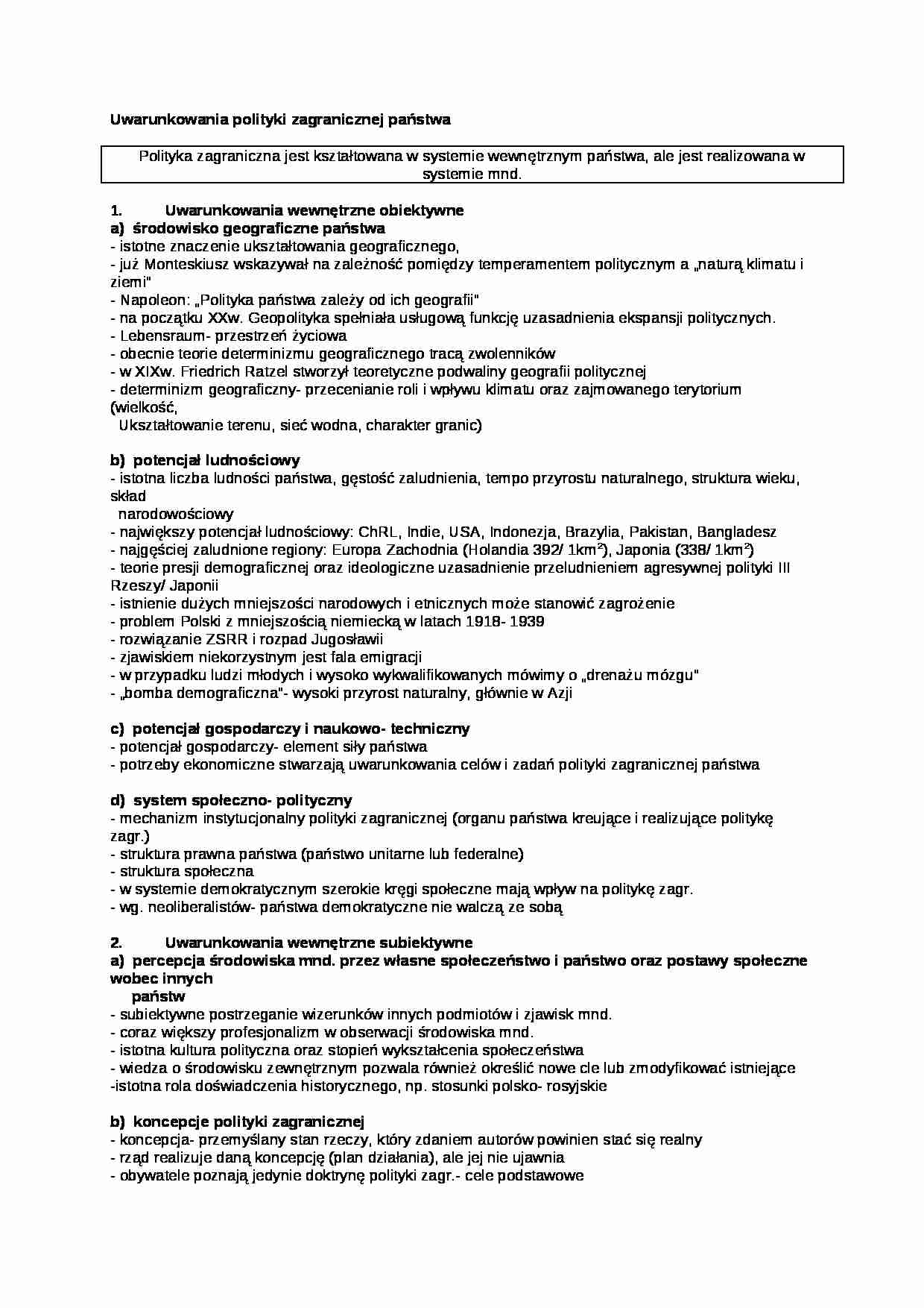 Wykład - Uwarunkowania polityki zagranicznej państwa - strona 1
