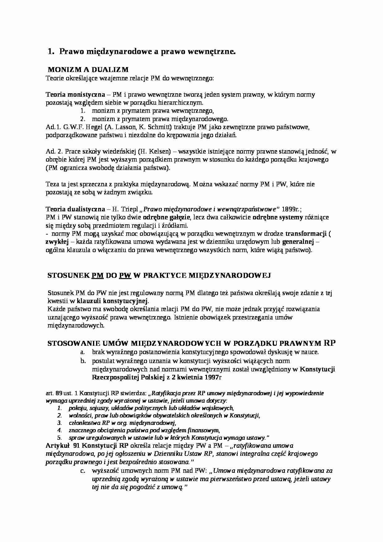 Wykład - Prawo międzynarodowe a prawo wewnętrzne - strona 1