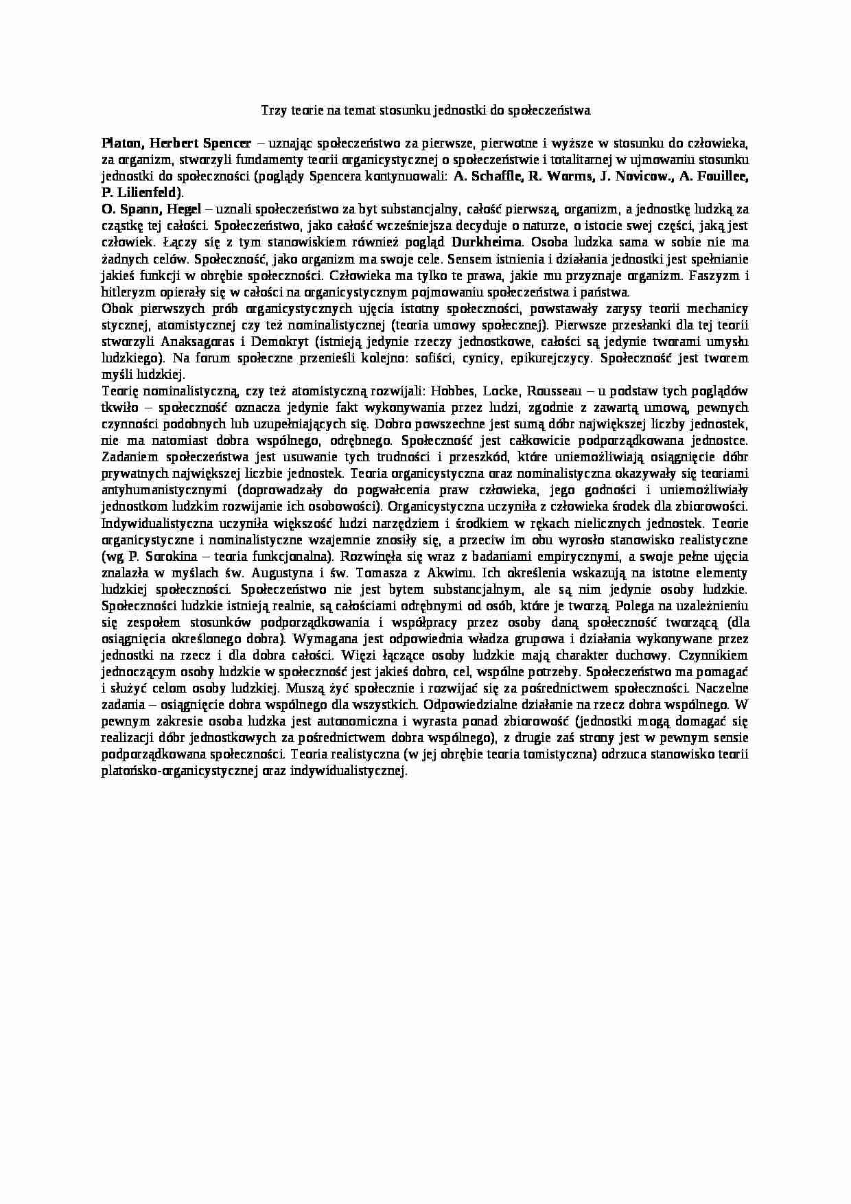 Wykład - Trzy teorie na temat stosunku jednostki do społeczeństwa - strona 1