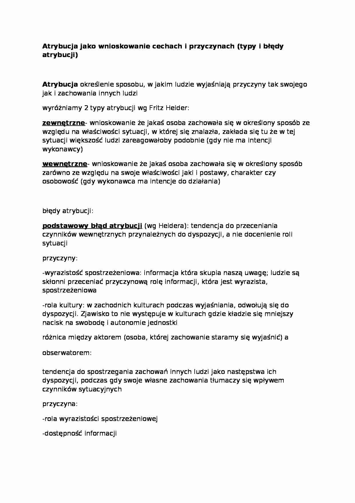 Wykład - Atrybucja jako wnioskowanie cechach i przyczynach - strona 1