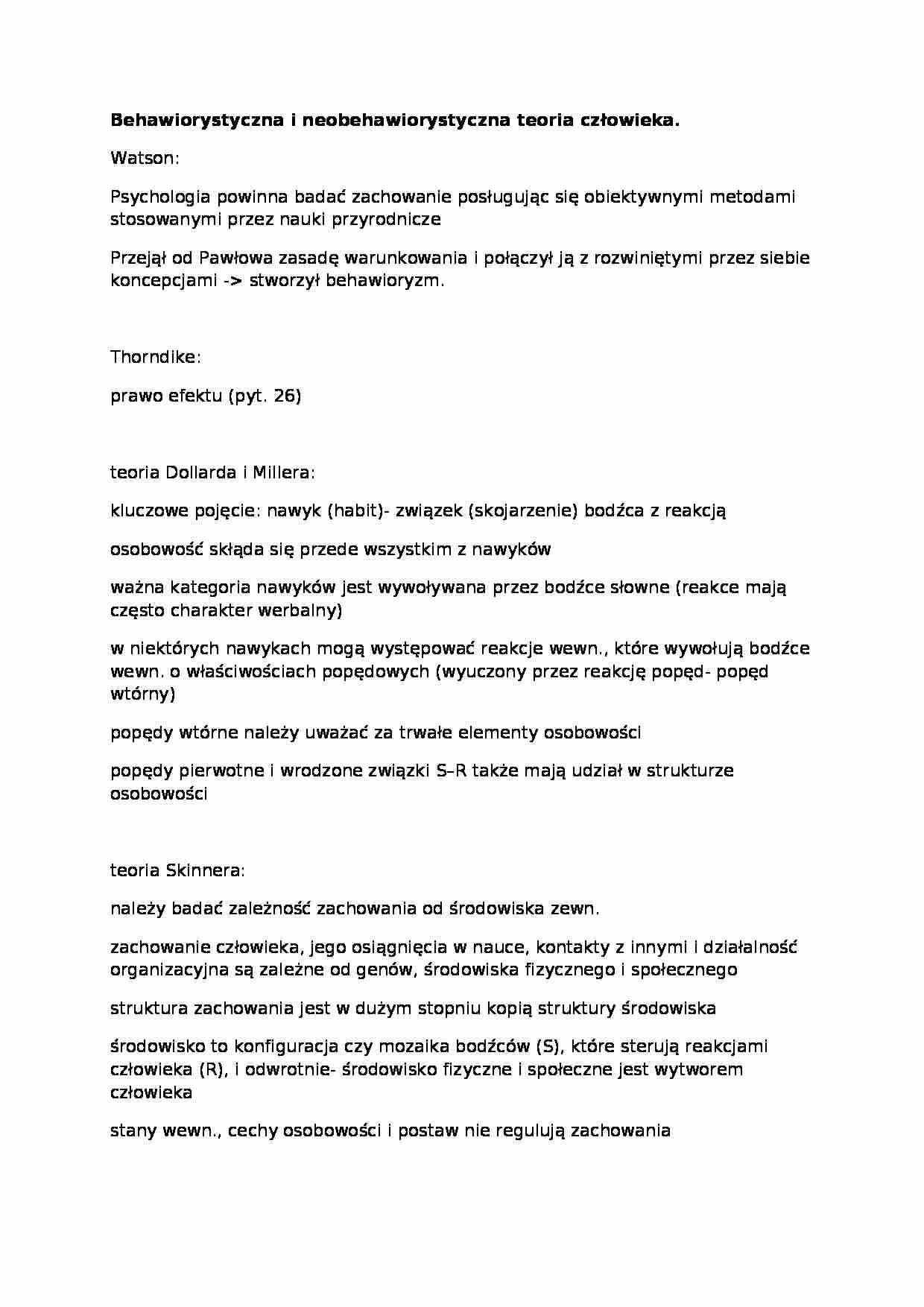 Wykład - Behawiorystyczna i neobehawiorystyczna teoria człowieka - strona 1