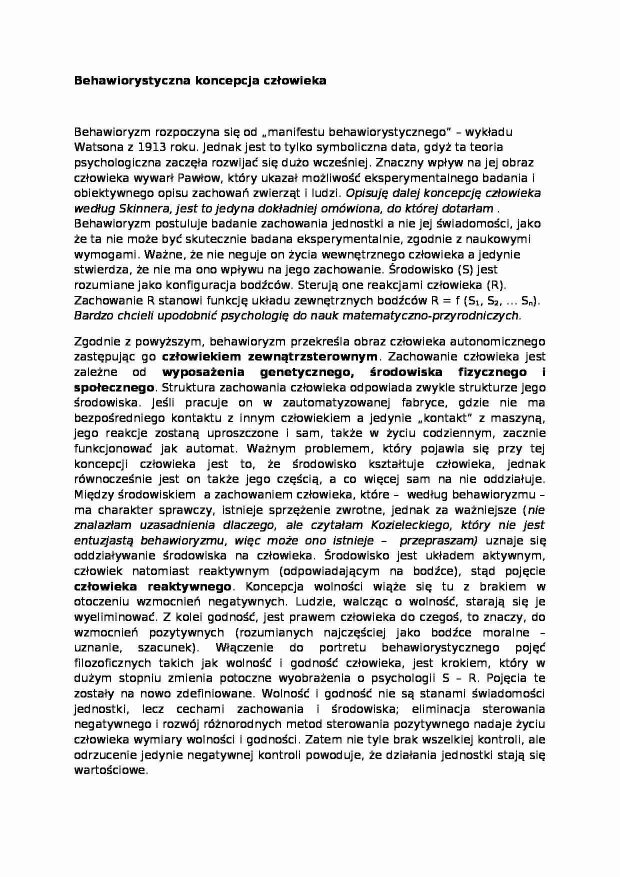 Wykład - Behawiorystyczna koncepcja człowieka - strona 1