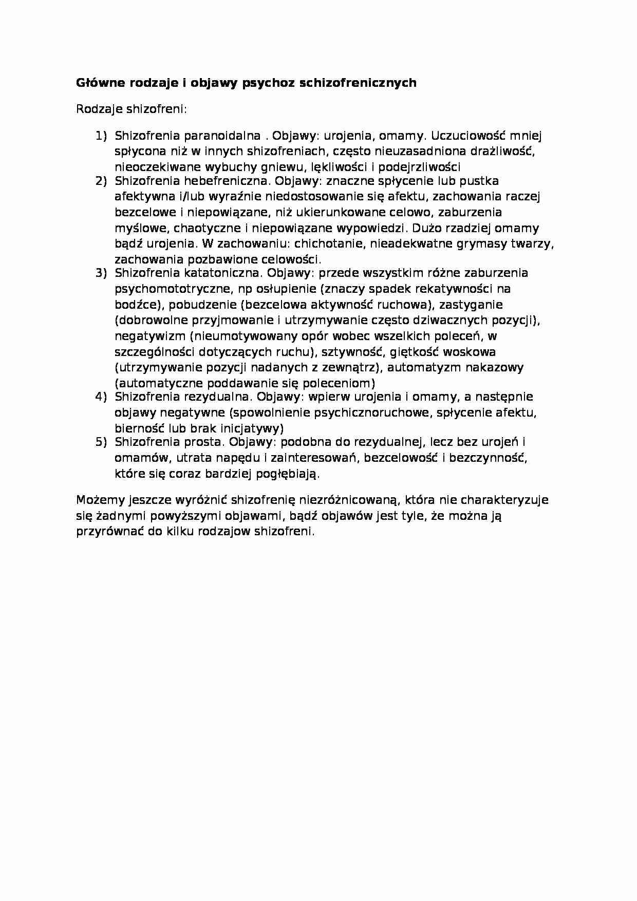 Wykład - Główne rodzaje i objawy psychoz schizofrenicznych - strona 1