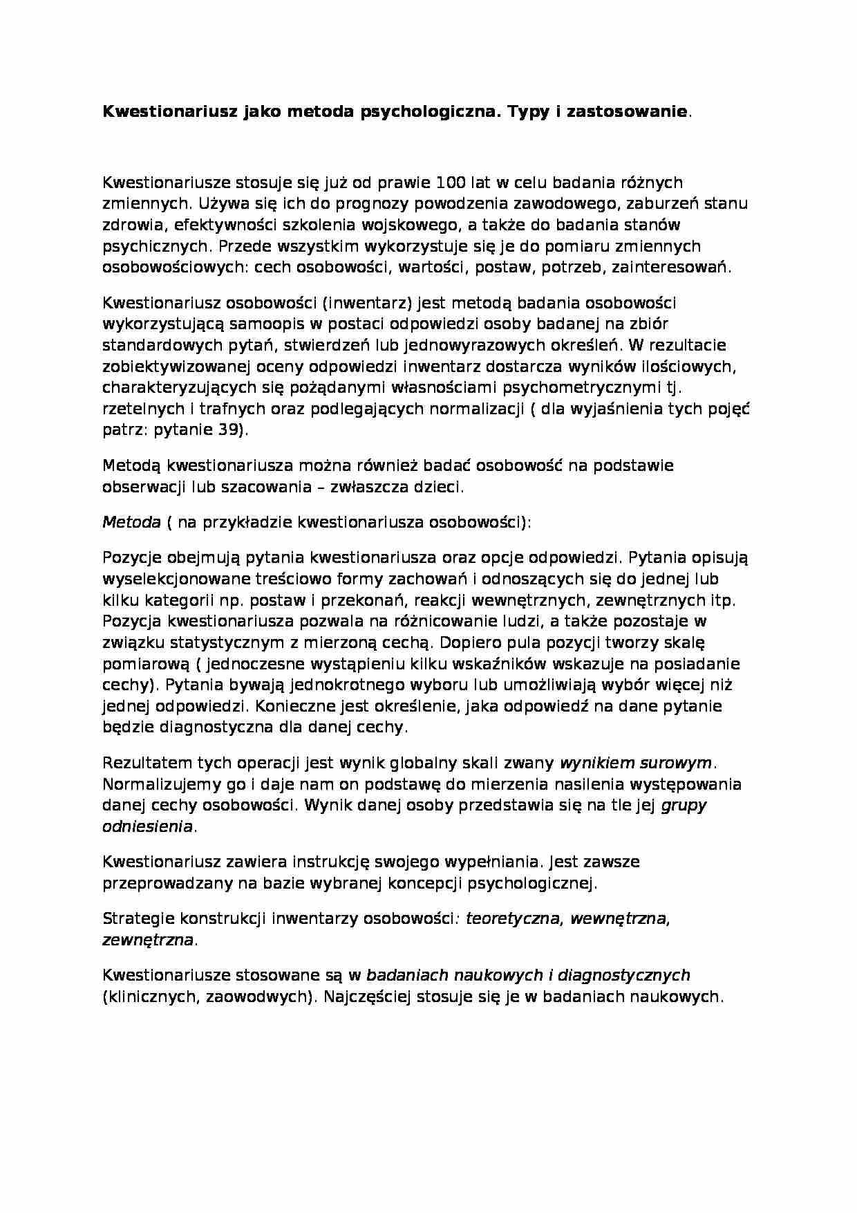 Wykład - Kwestionariusz jako metoda psychologiczna - strona 1