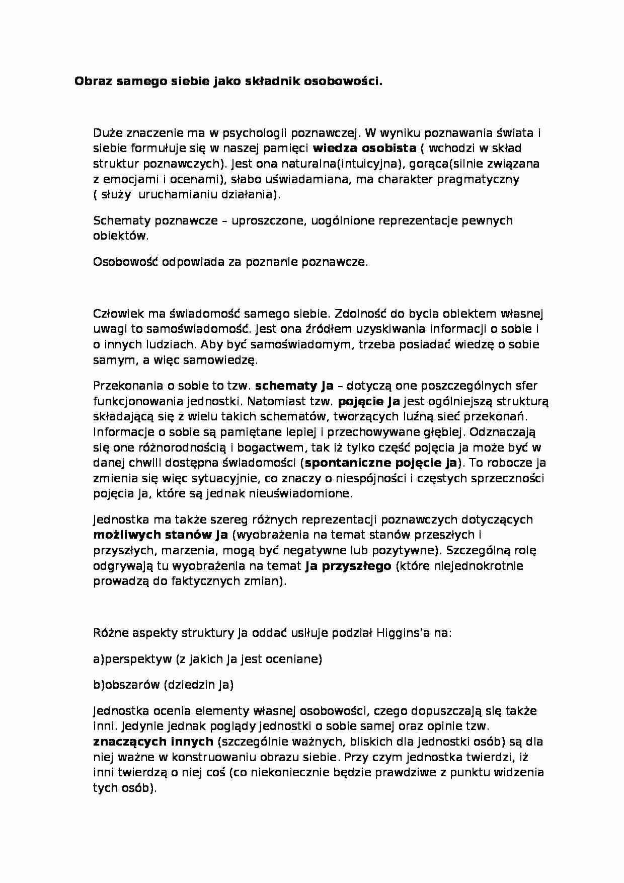 Wykład - Obraz samego siebie jako składnik osobowości - strona 1