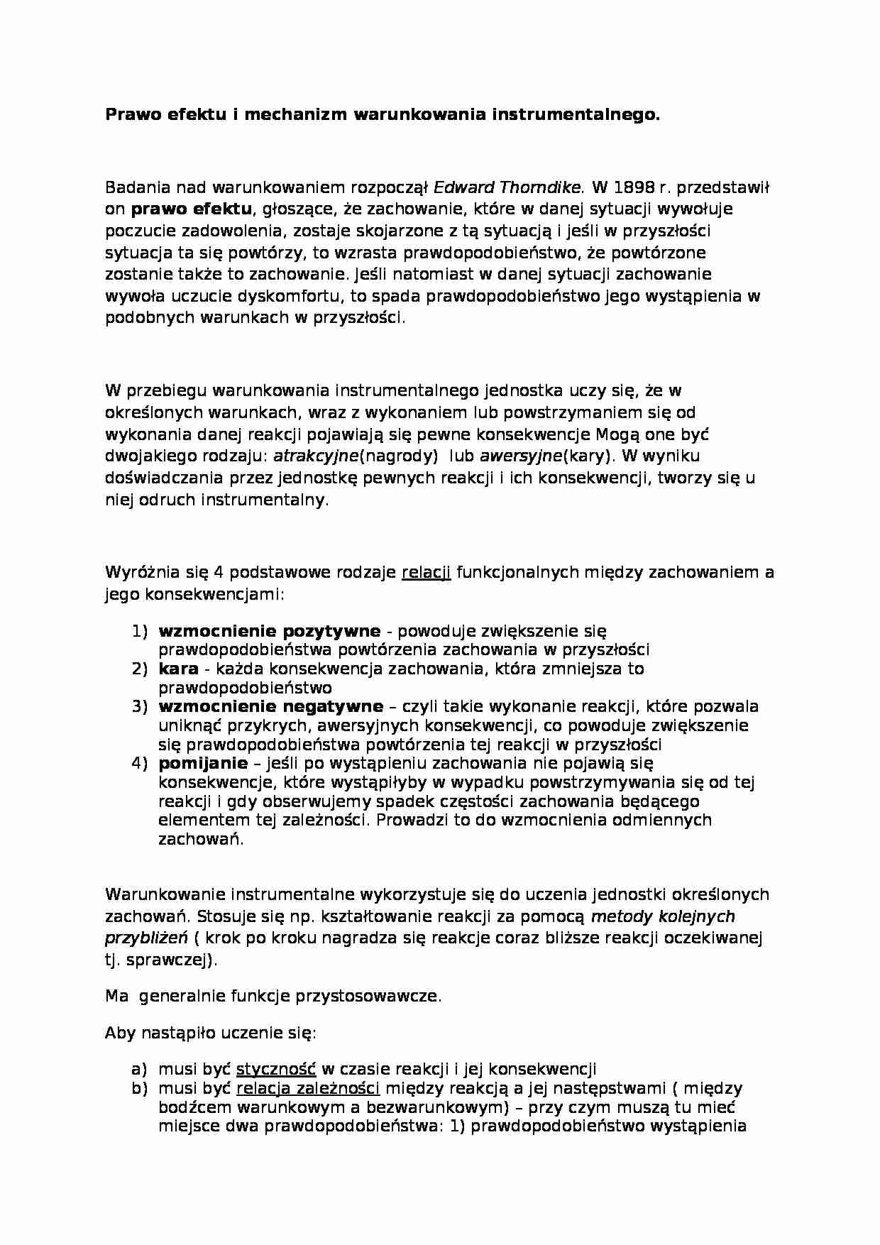 Wykład - Prawo efektu i mechanizm warunkowania instrumentalnego - strona 1