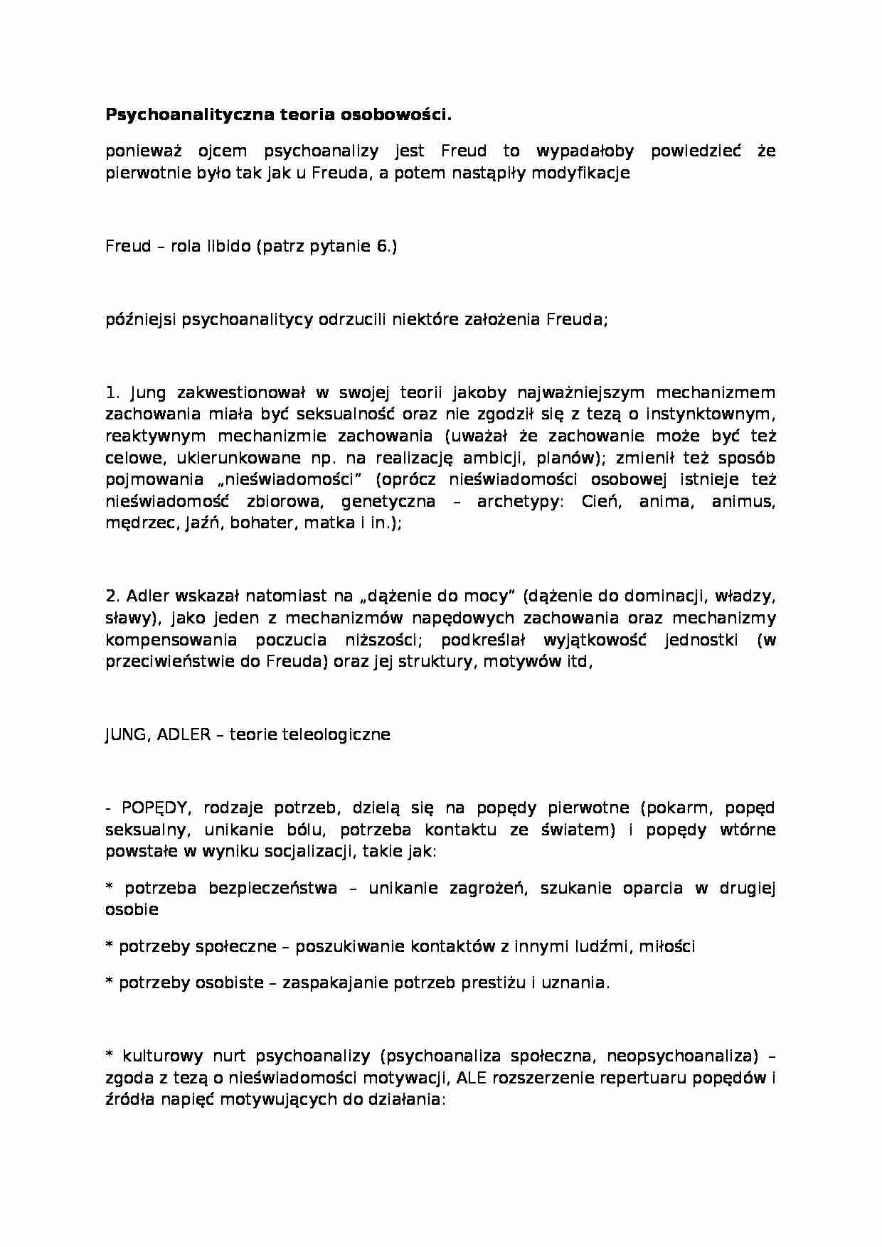 wykład - Psychoanalityczna teoria osobowości - strona 1