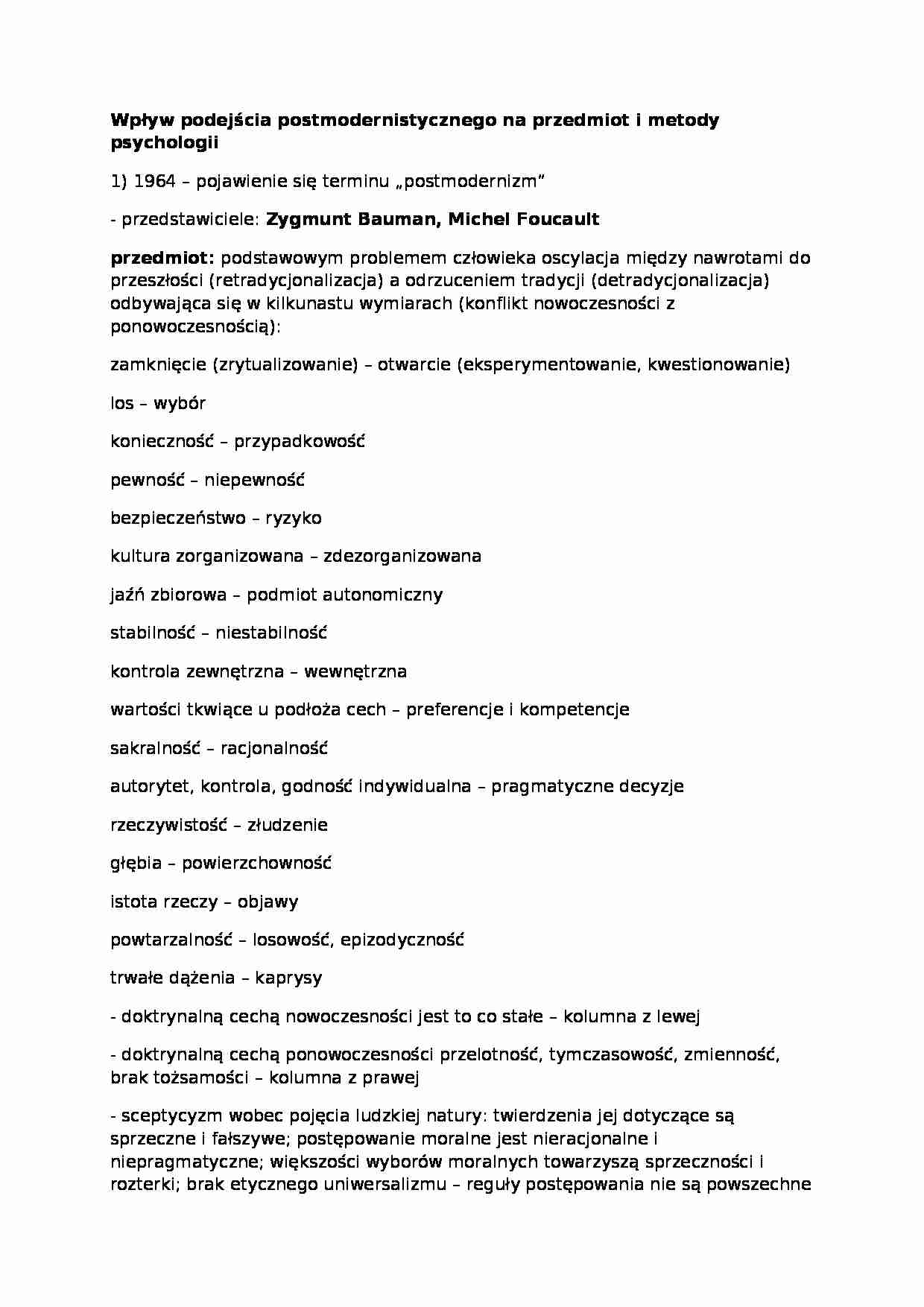 Wykład - Wpływ podejścia postmodernistycznego na przedmiot i metody psychologii - strona 1