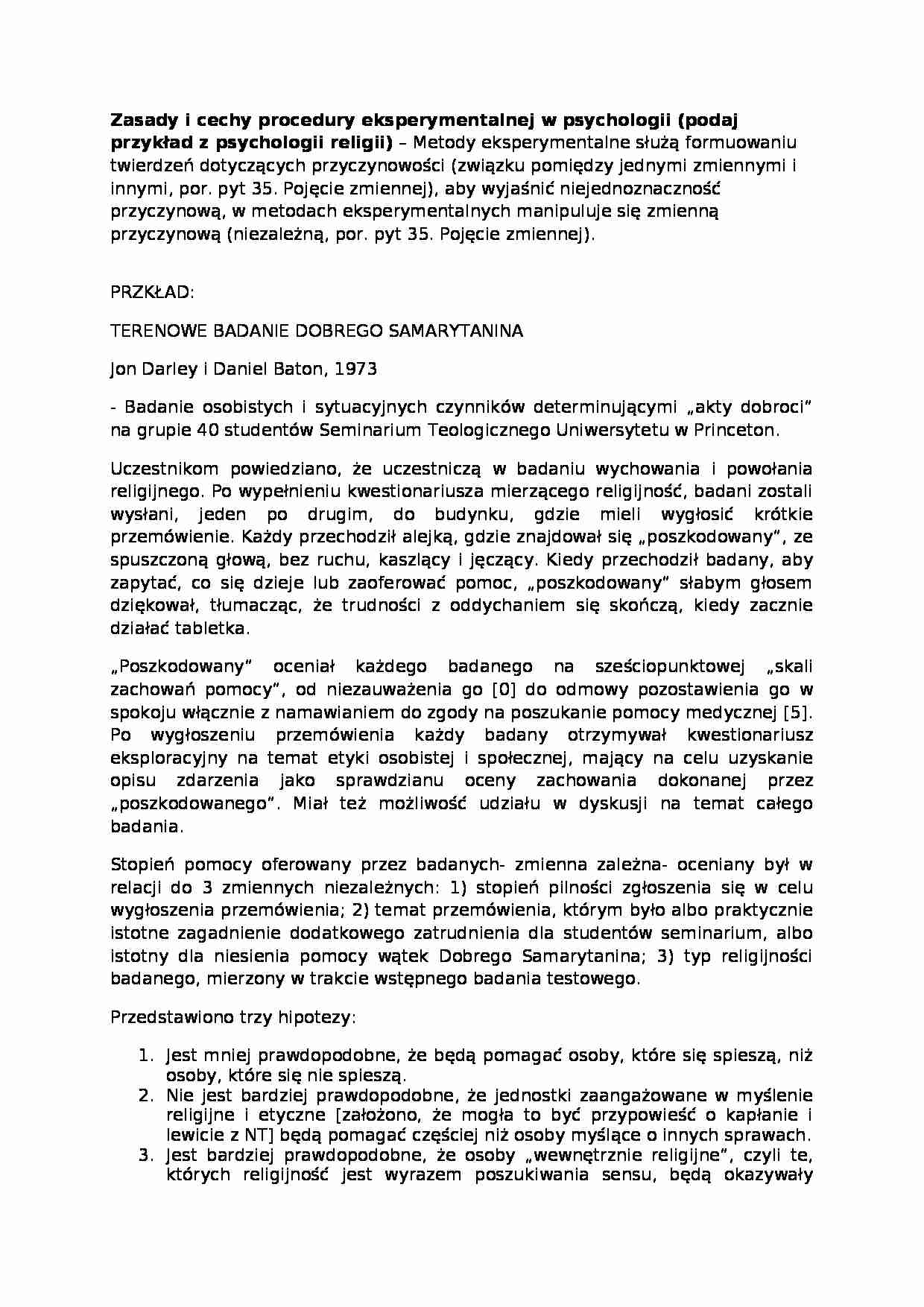 Wykład - Zasady i cechy procedury eksperymentalnej w psychologii - strona 1