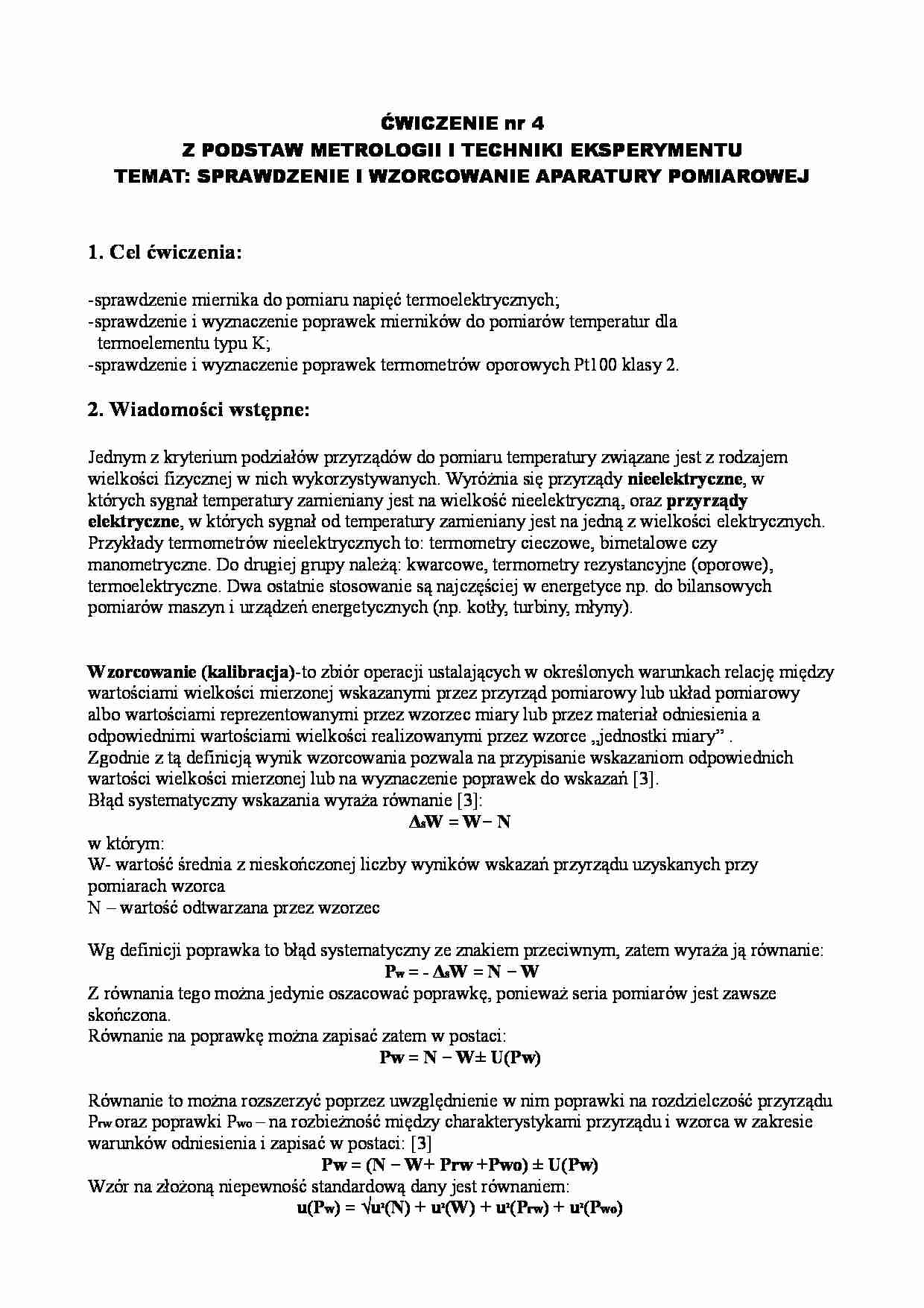 Sprawdzenie i wzorcowanie aparatury pomiarowej-ćwiczenia nr 4 - strona 1