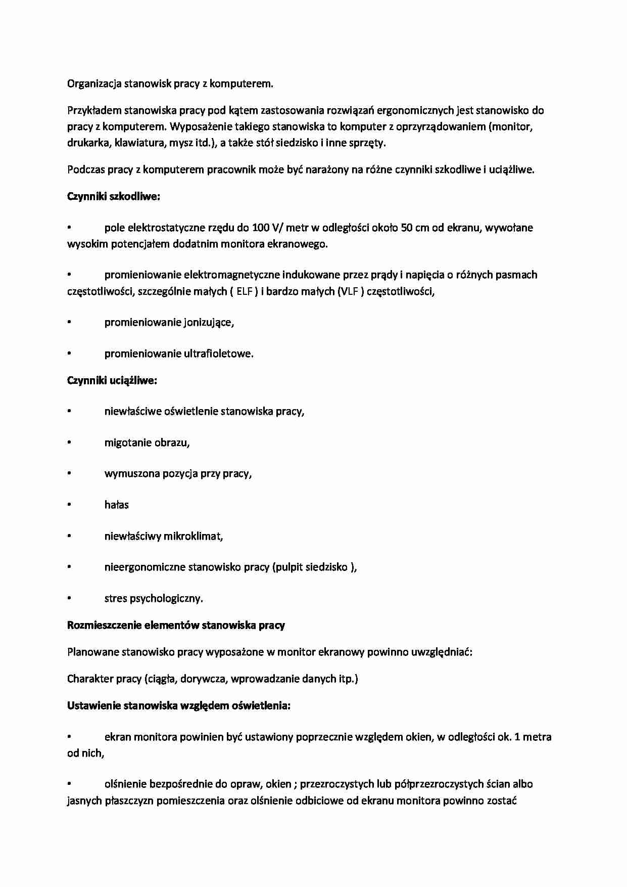 Organizacja stanowisk pracy z komputerem-opracowanie - strona 1