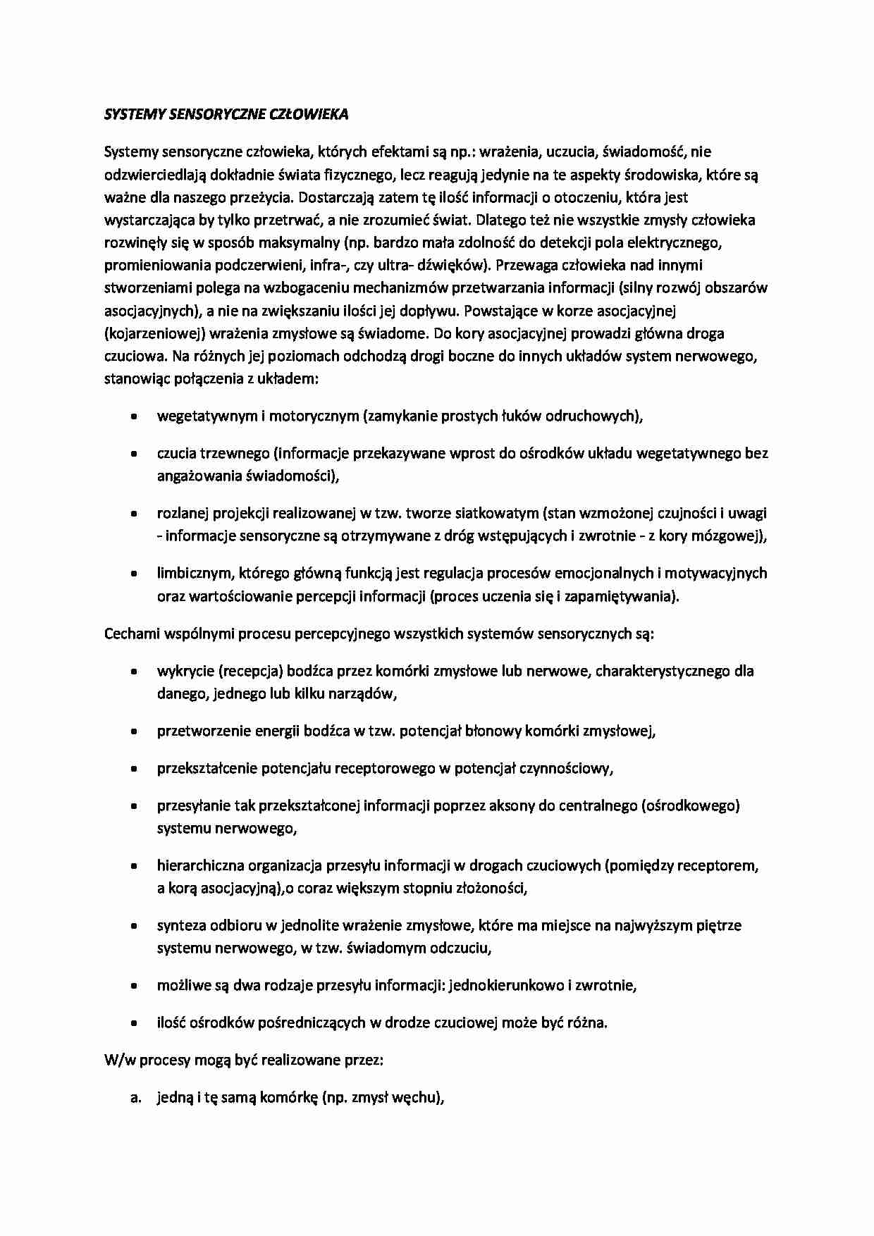 Systemy sensoryczne człowieka-opracowanie - strona 1