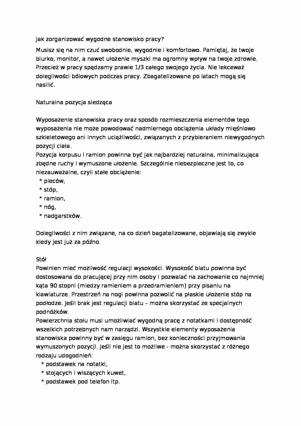 Wygodne stanowisko pracy-opracowanie - strona 1