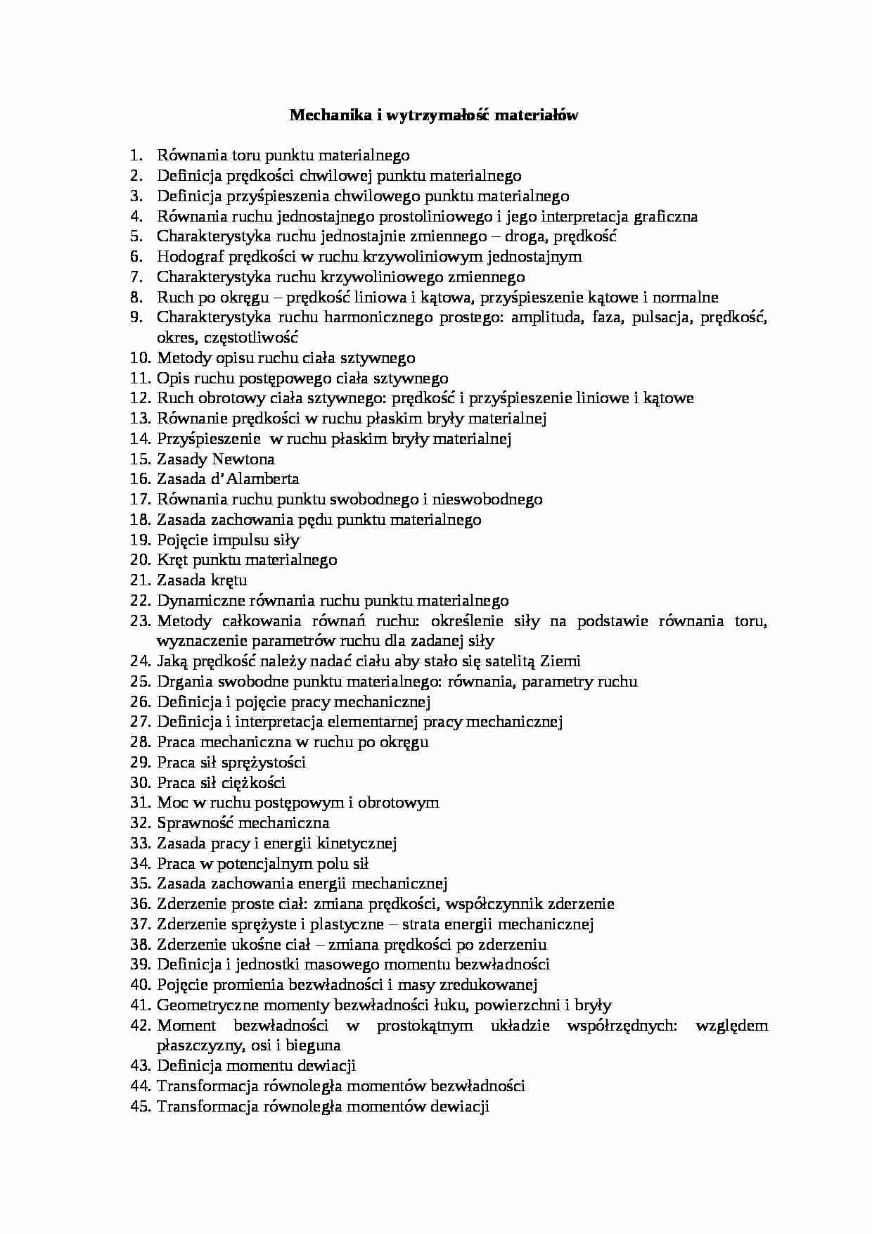 Mechanika i wytrzymałość materiałów-zagadnienia egzamin - strona 1
