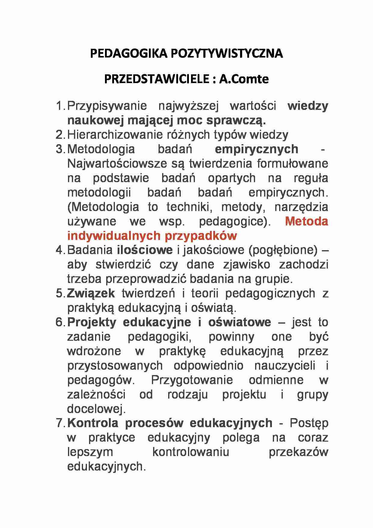 Pedagogika pozytywistyczna - A.Comte - strona 1