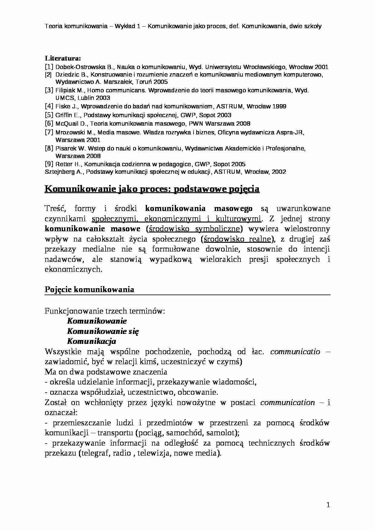 Teoria komunikowania - wykład 1 - strona 1