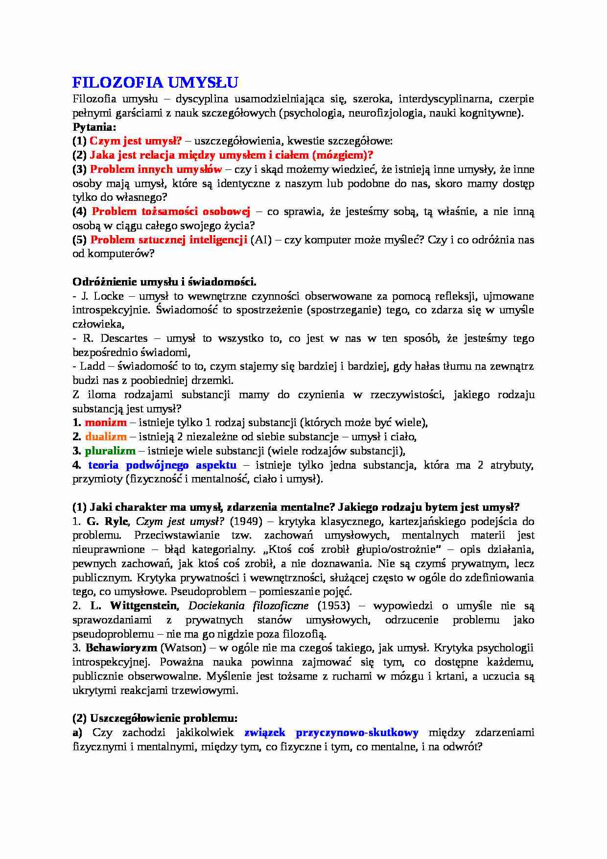 Filozofia umysłu - omówienie - strona 1