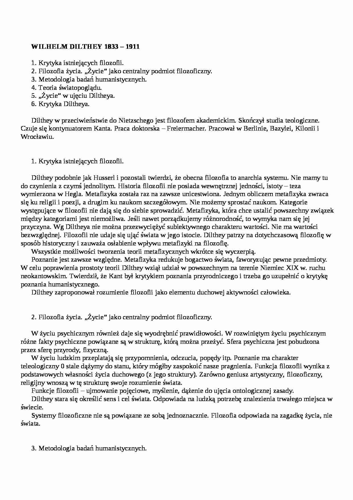 Wilhelm Dilthey  1833 - omówienie - strona 1