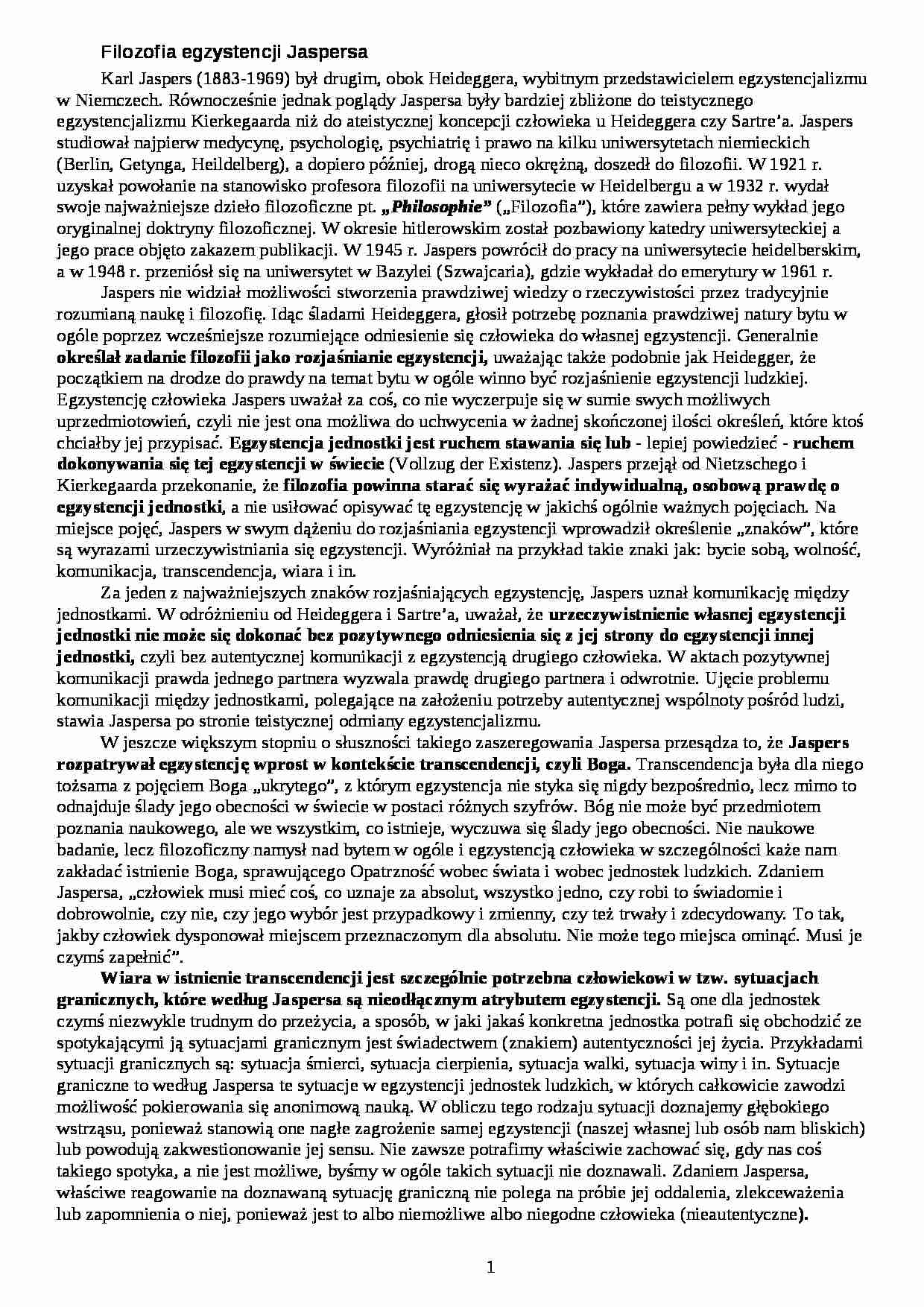 Filozofia egzystencji Jaspersa - omówienie - strona 1