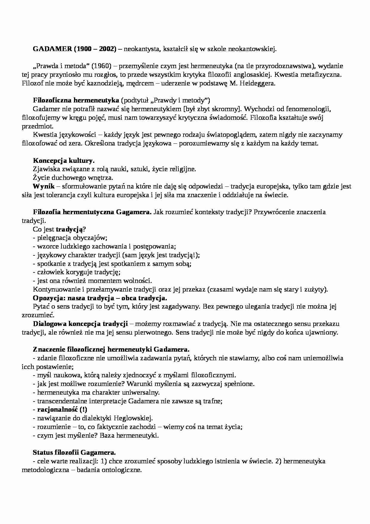 Filozofia nieanalityczna, Gadamer - omówienie - strona 1
