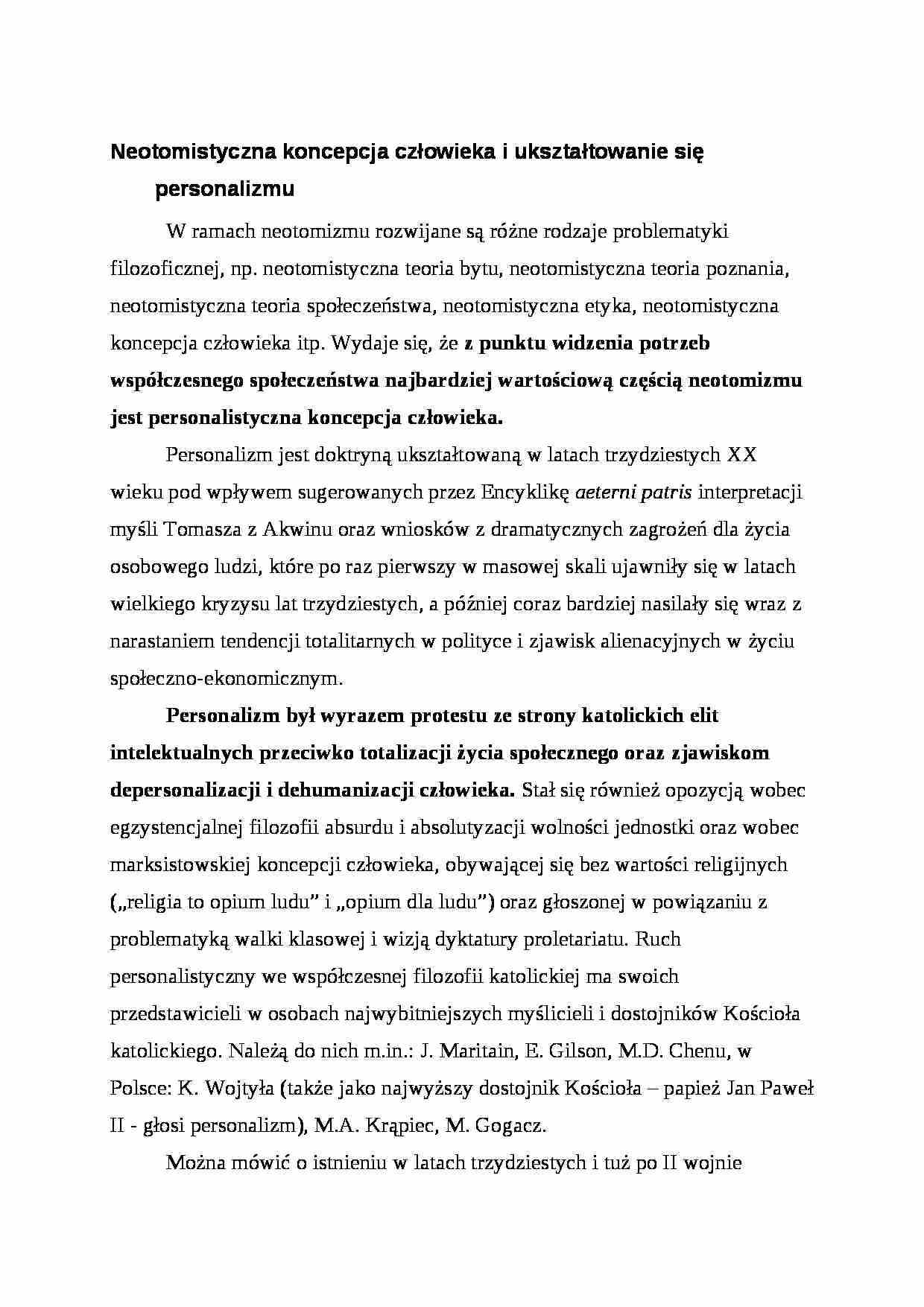  Neotomistyczna koncepcja człowieka i ukształtowanie się personalizmu - omówienie - strona 1