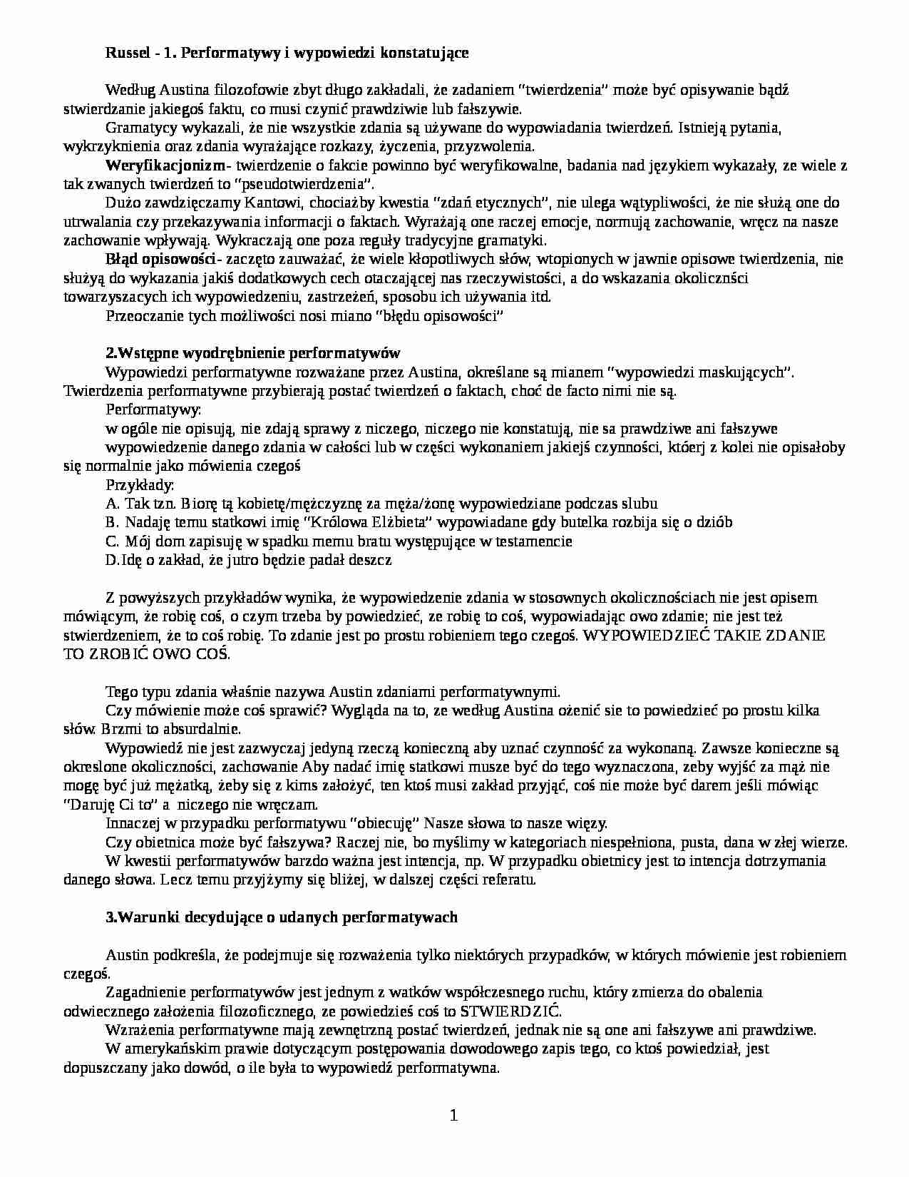 Performatywy i wypowiedzi konstatujące - omówienie - strona 1