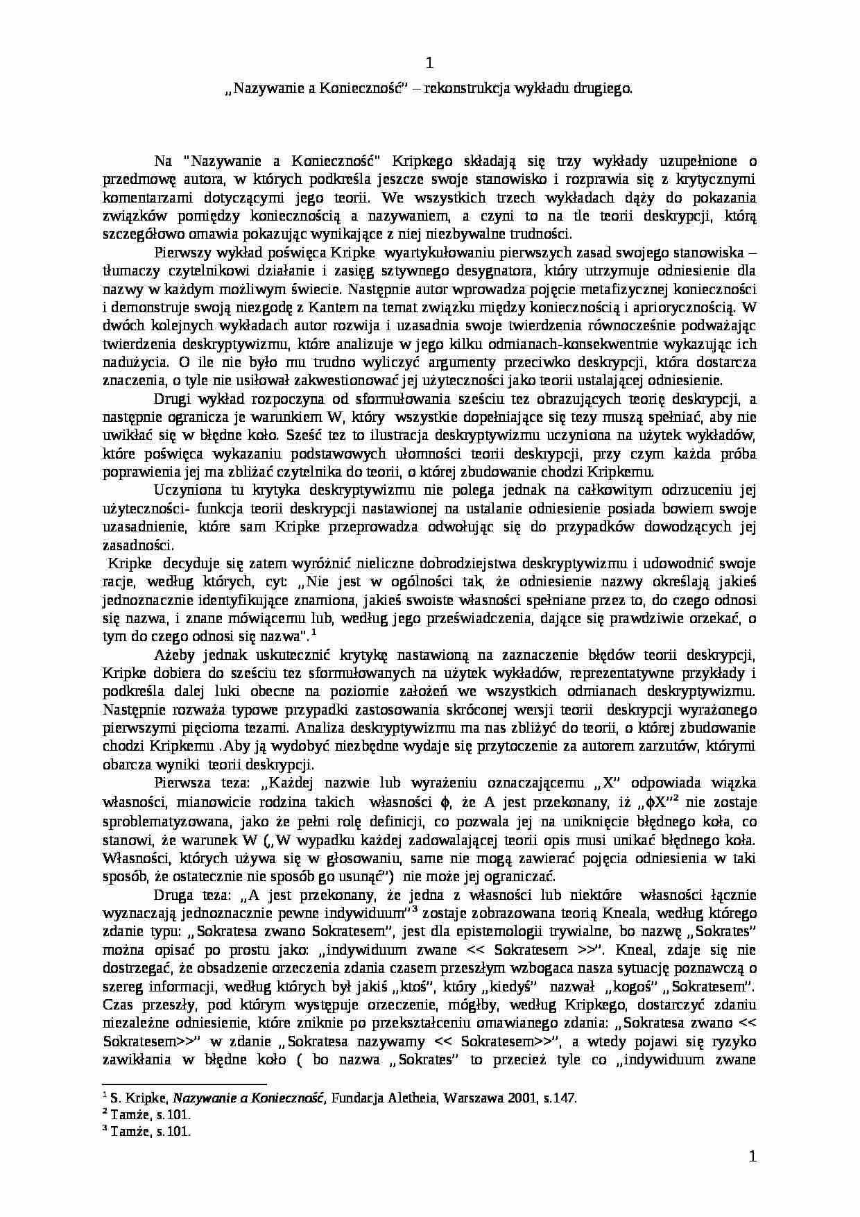 „Nazywanie a Konieczność” - rekonstrukcja wykładu drugiego. - strona 1